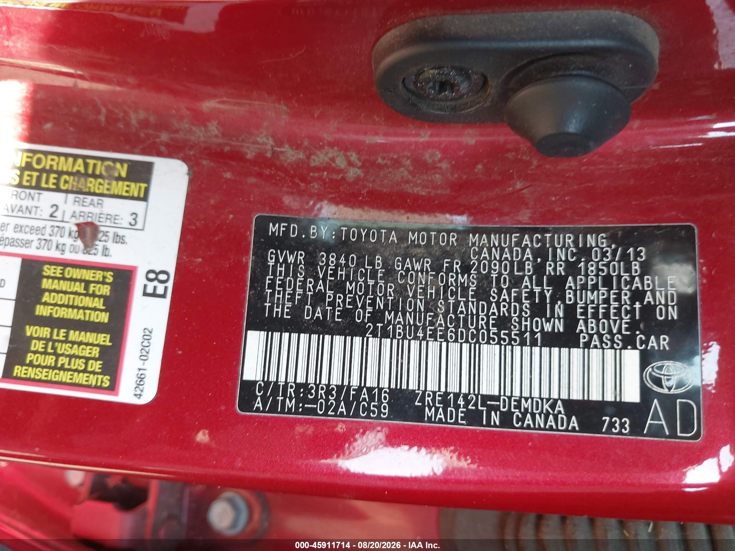 2013 Toyota Corolla L Красный vin: 2T1BU4EE6DC055511