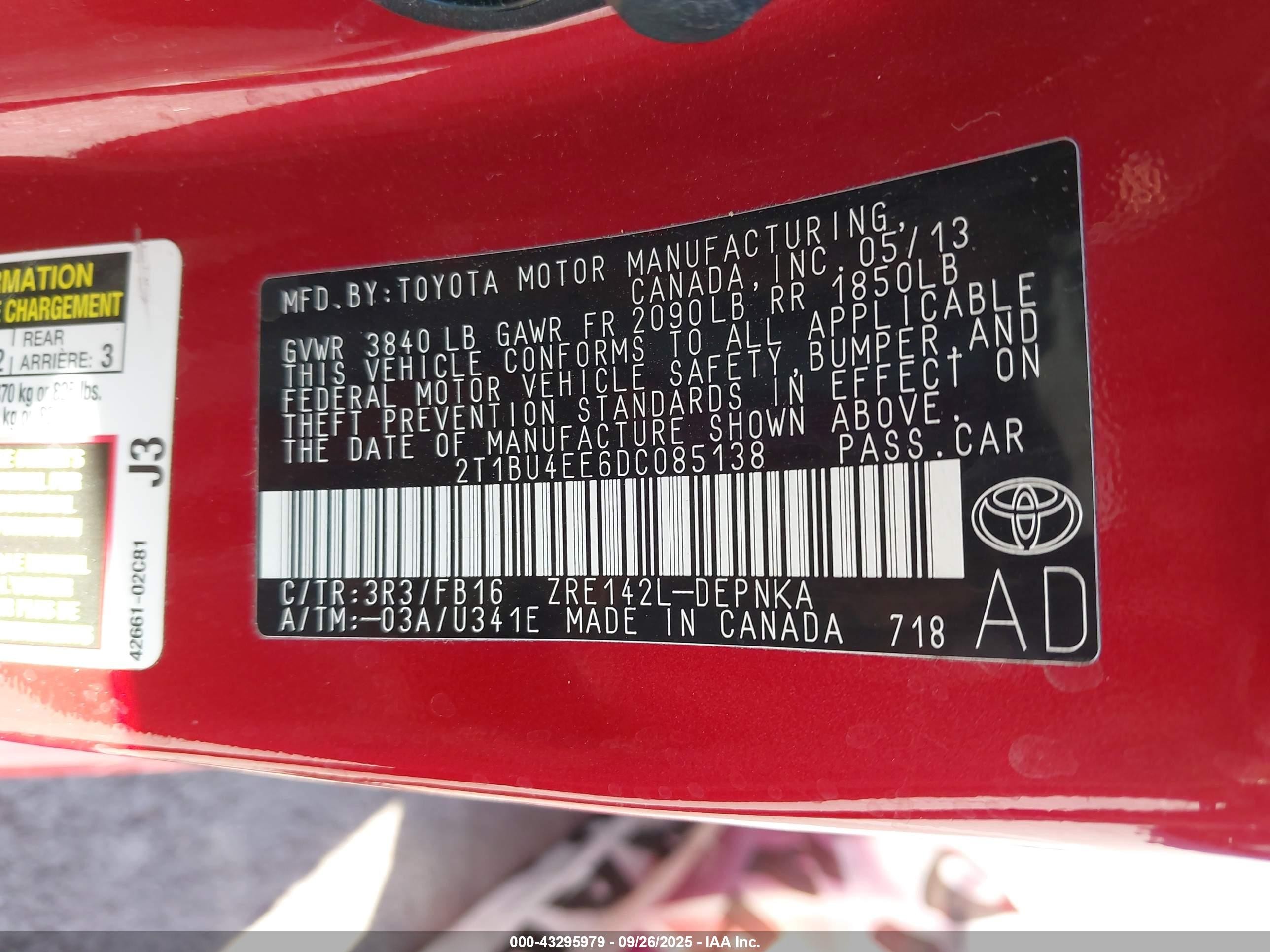 2013 Toyota Corolla Le Red vin: 2T1BU4EE6DC085138