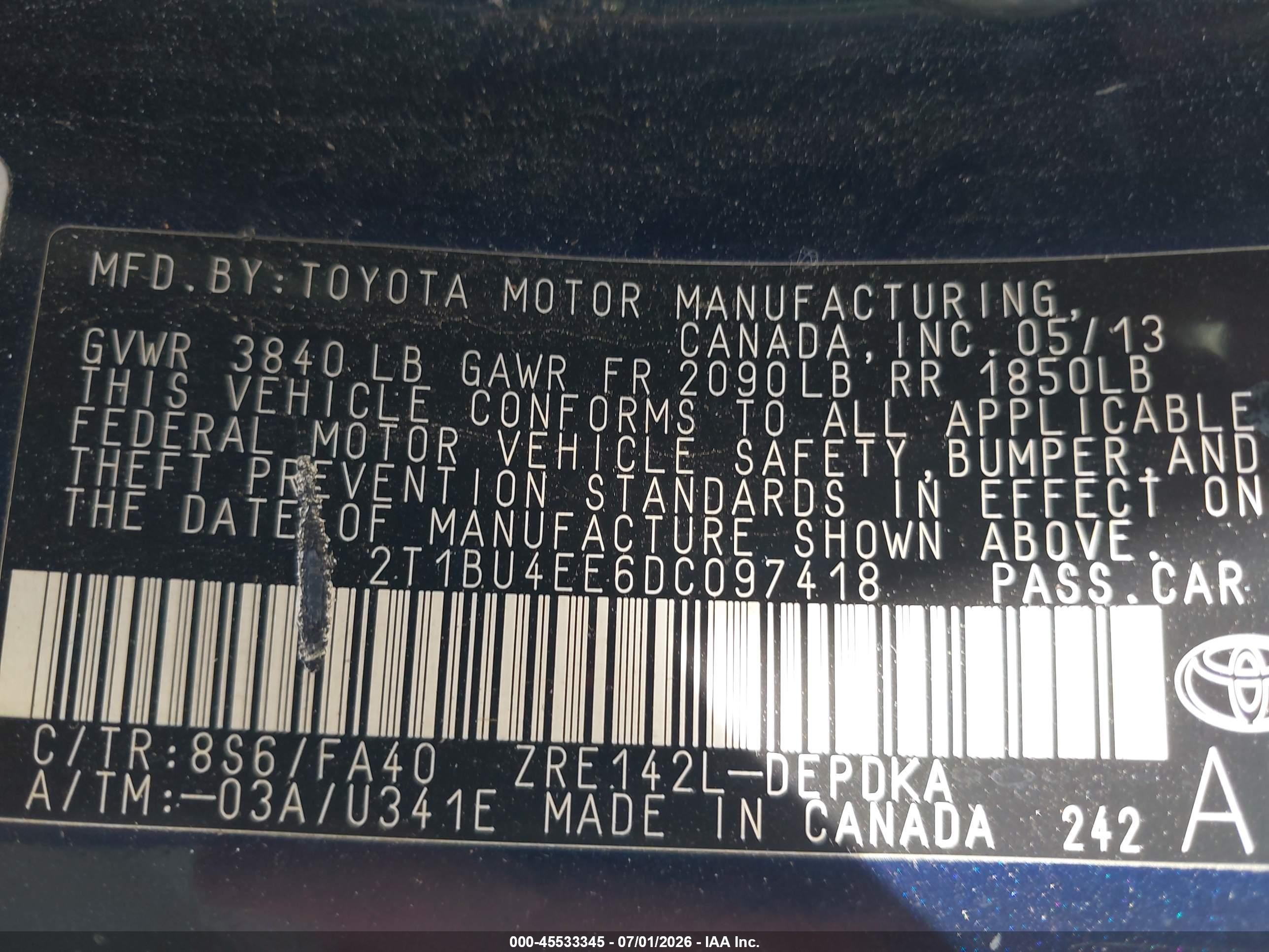 2013 Toyota Corolla L Blue vin: 2T1BU4EE6DC097418