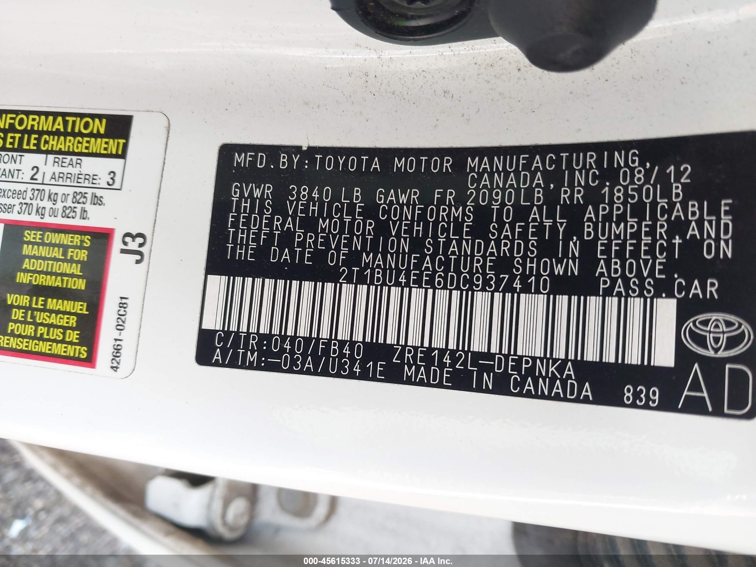 2013 Toyota Corolla Le White vin: 2T1BU4EE6DC937410