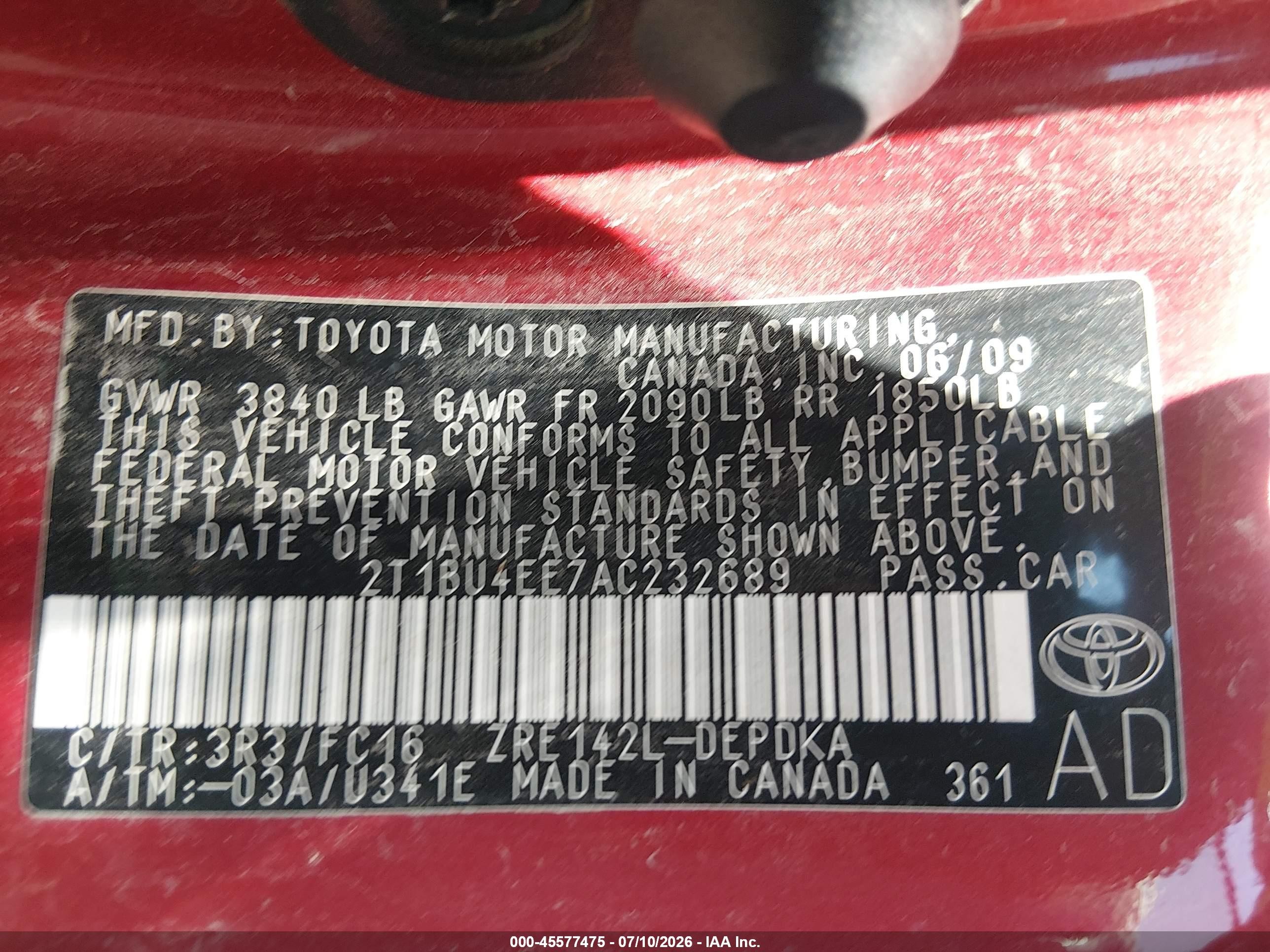 2010 Toyota Corolla Le Red vin: 2T1BU4EE7AC232689