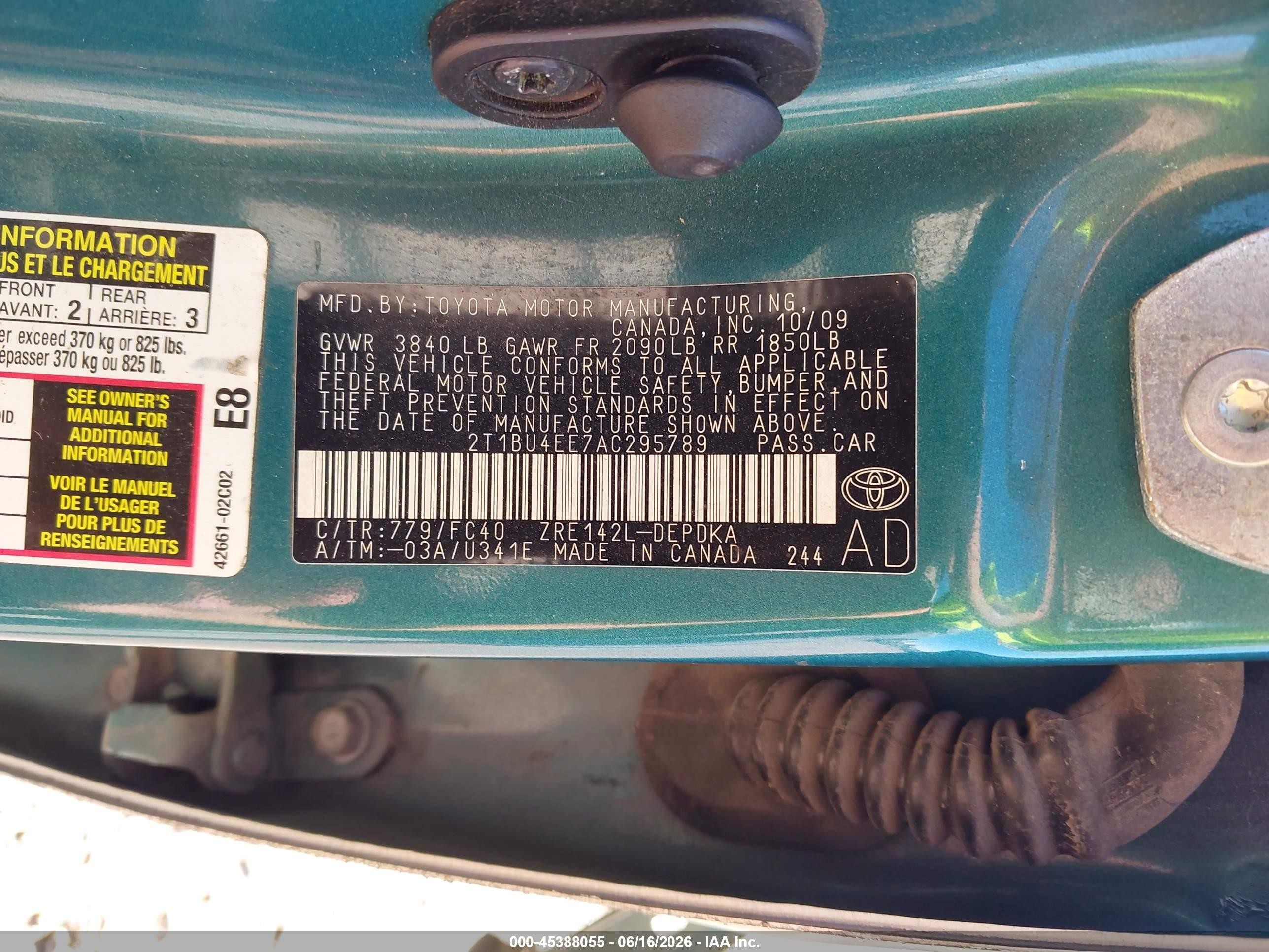 2010 Toyota Corolla Le Teal vin: 2T1BU4EE7AC295789