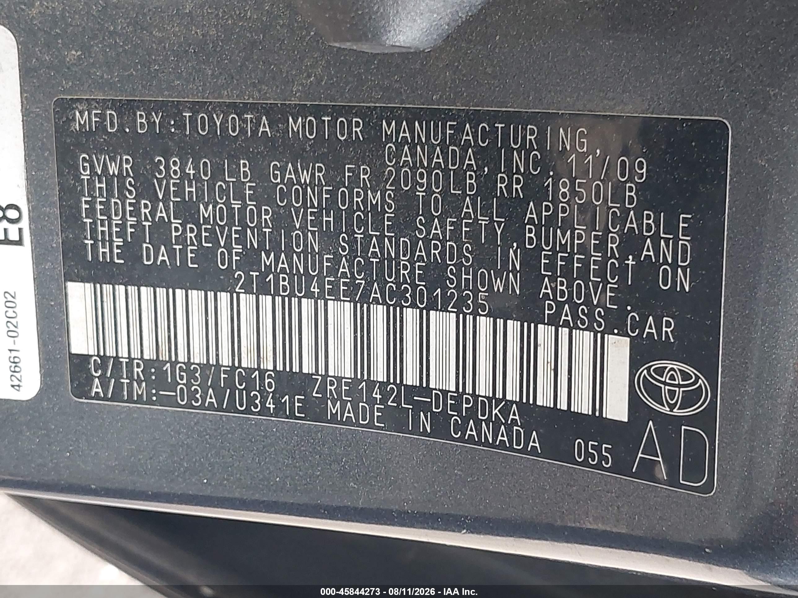 2010 Toyota Corolla Le Gray vin: 2T1BU4EE7AC301235