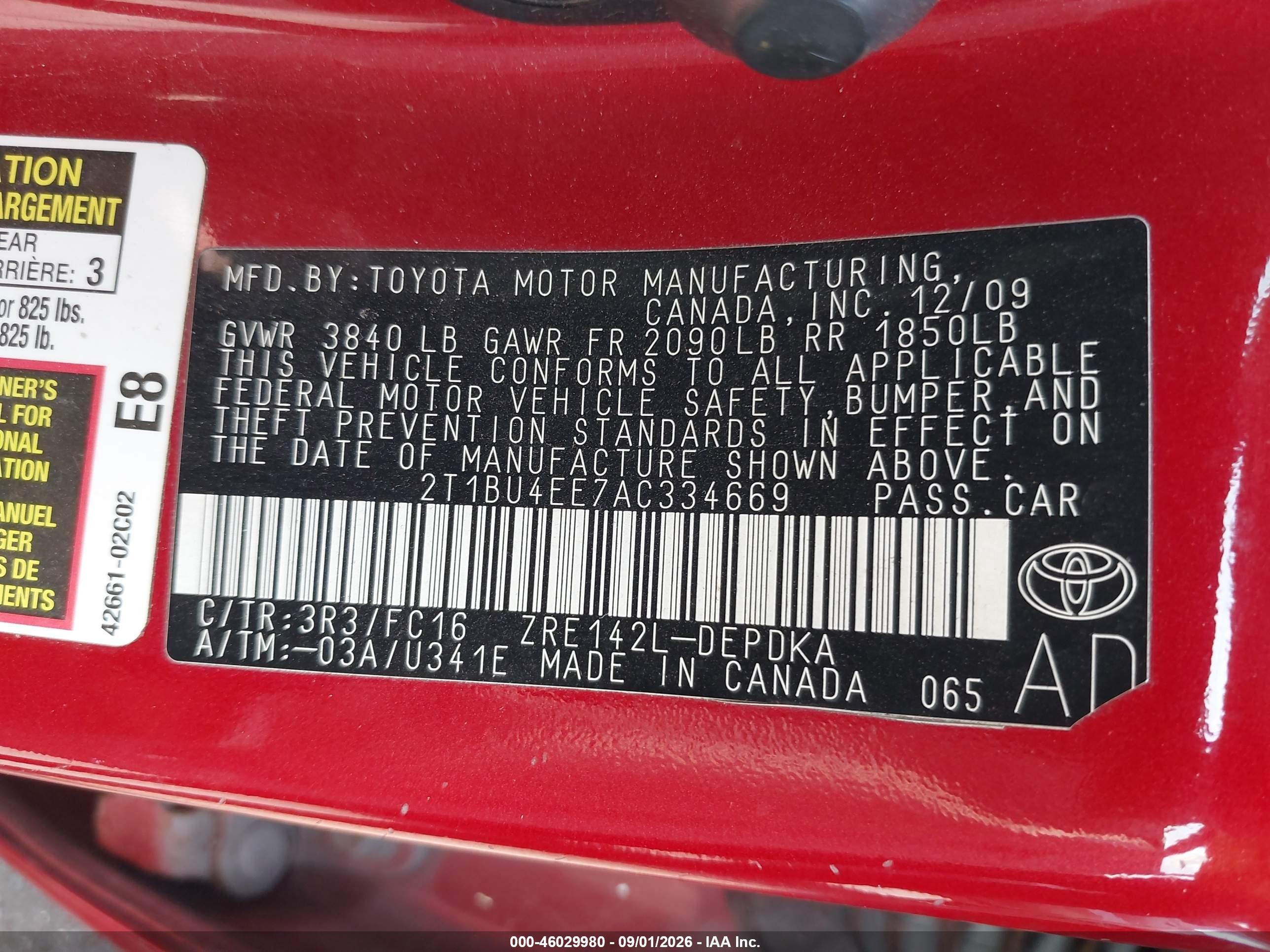 2010 Toyota Corolla Le Red vin: 2T1BU4EE7AC334669