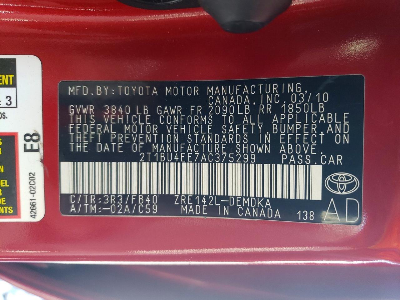 2010 Toyota Corolla Base Red vin: 2T1BU4EE7AC375299
