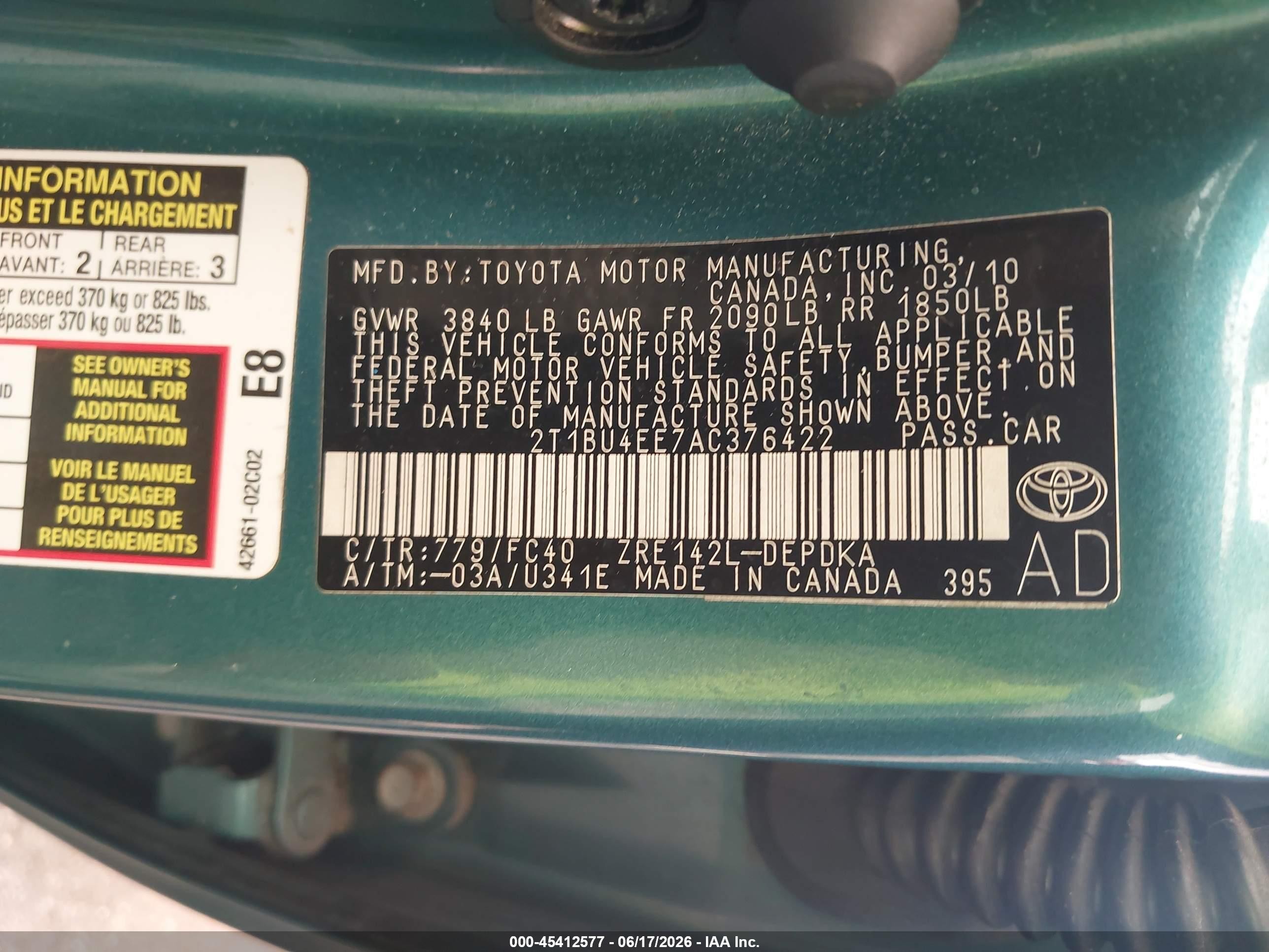 2010 Toyota Corolla Le Green vin: 2T1BU4EE7AC376422