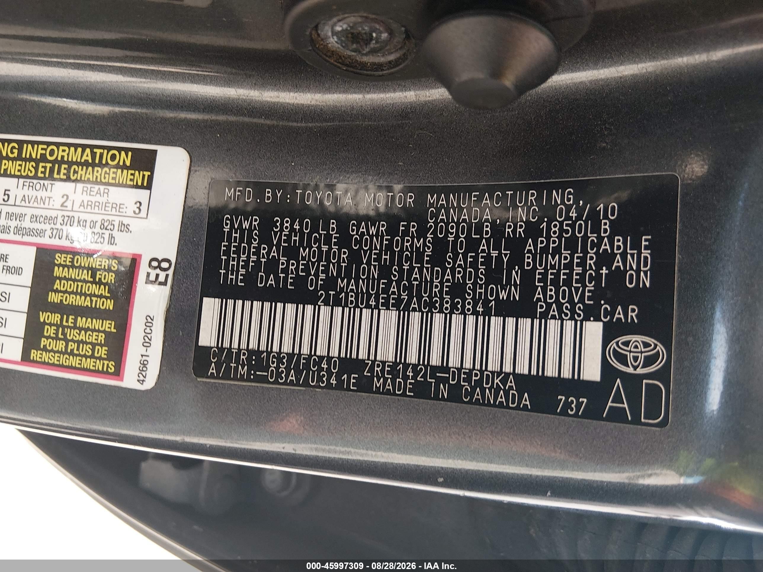 2010 Toyota Corolla Le Gray vin: 2T1BU4EE7AC383841