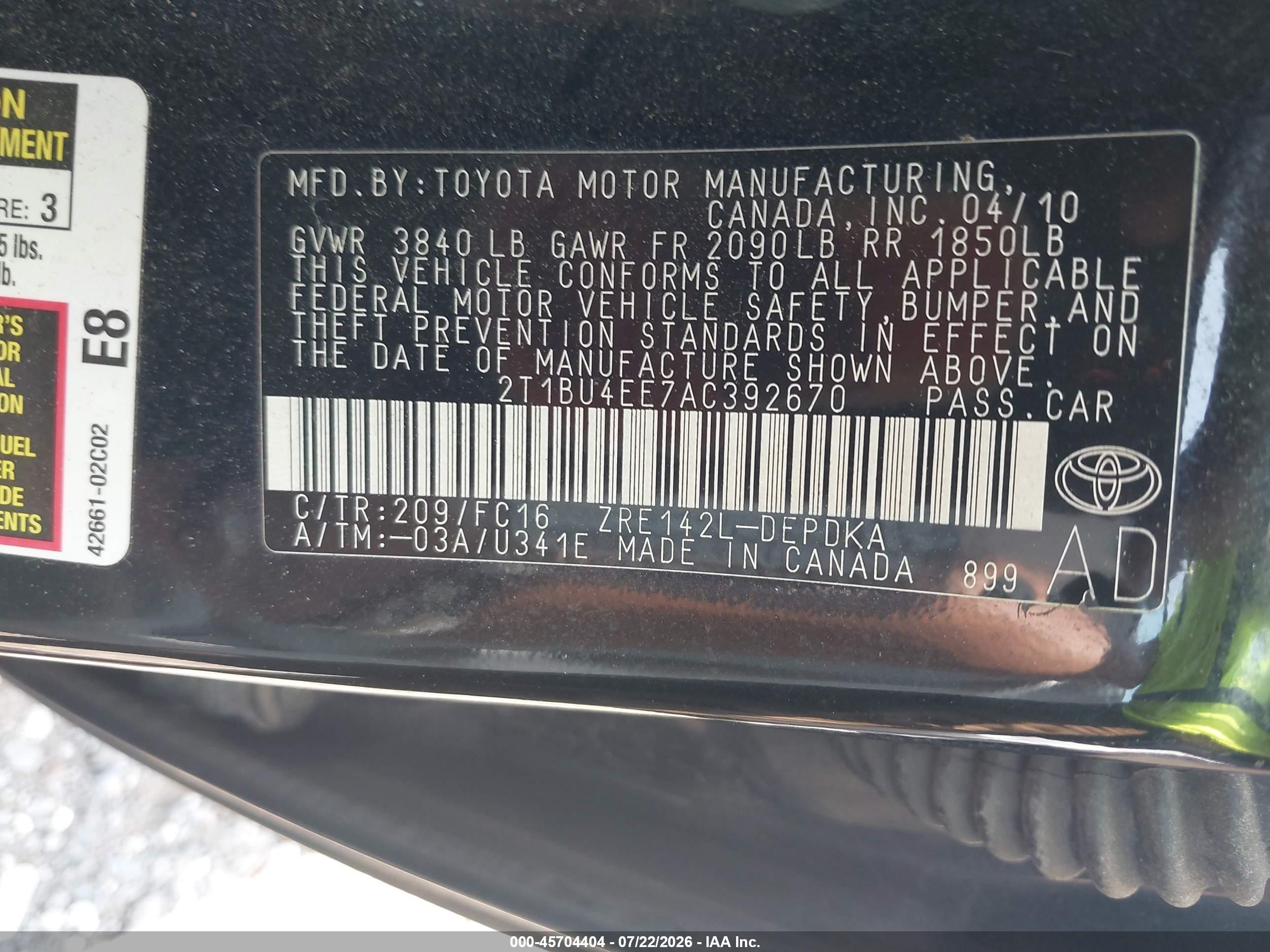 2010 Toyota Corolla Le Black vin: 2T1BU4EE7AC392670