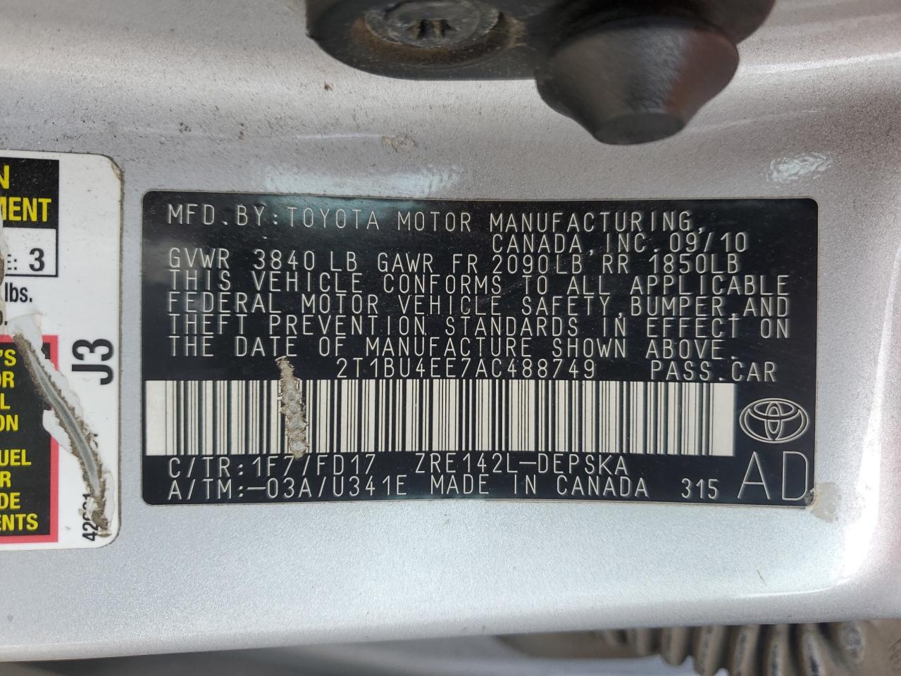 2010 Toyota Corolla Base Silver vin: 2T1BU4EE7AC488749