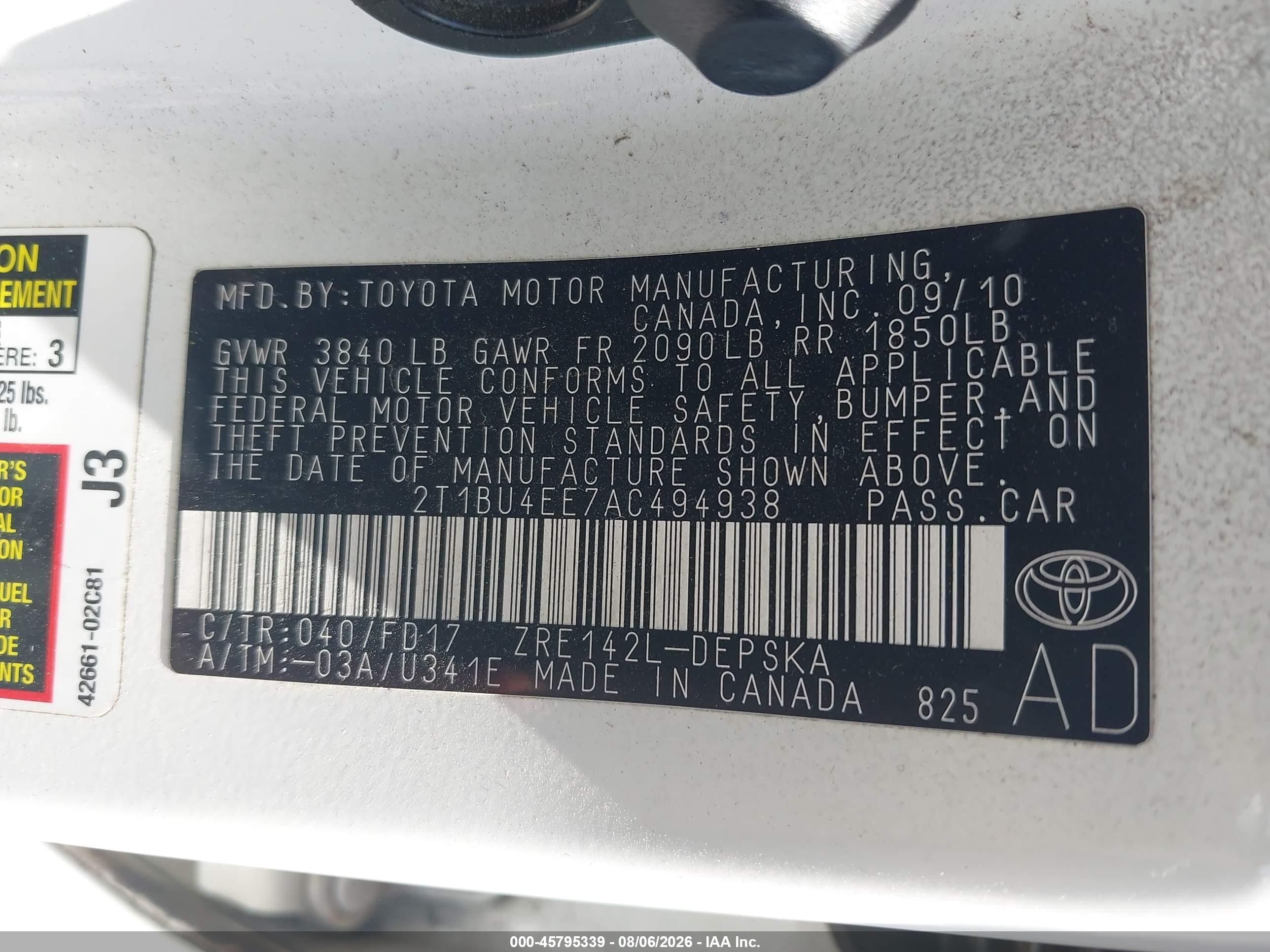 2010 Toyota Corolla S Белый vin: 2T1BU4EE7AC494938