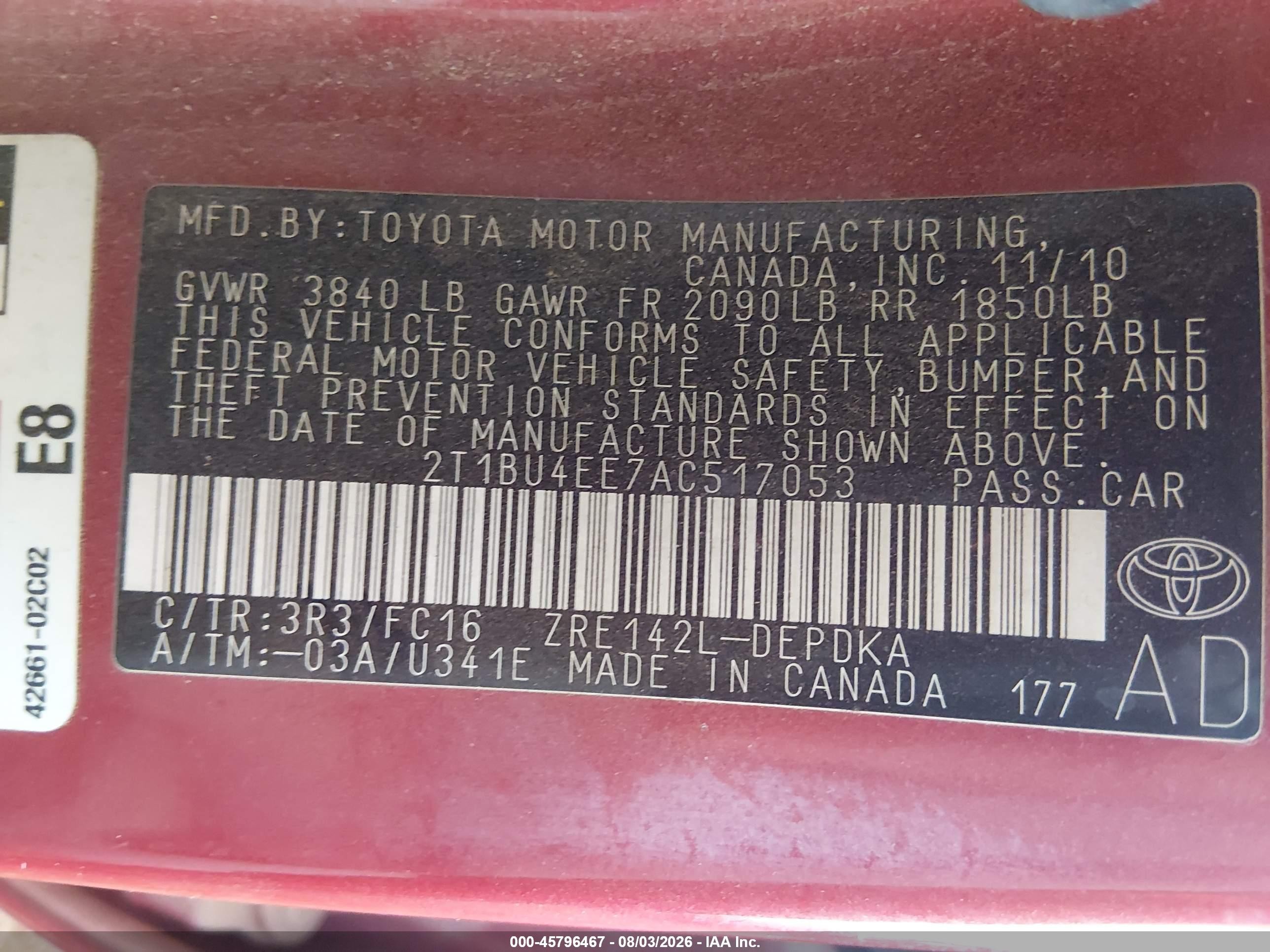 2010 Toyota Corolla Le Burgundy vin: 2T1BU4EE7AC517053