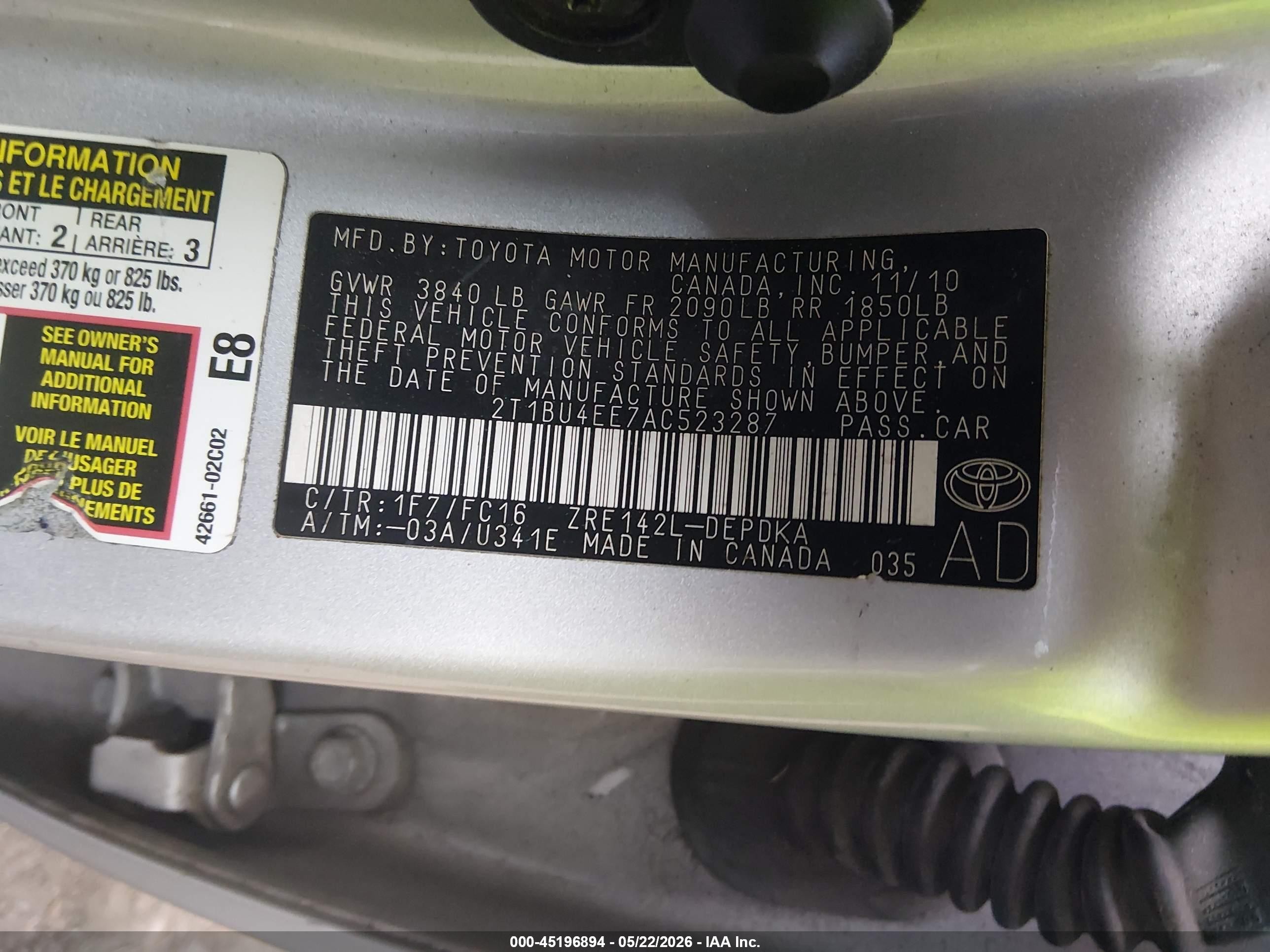 2010 Toyota Corolla Le Silver vin: 2T1BU4EE7AC523287