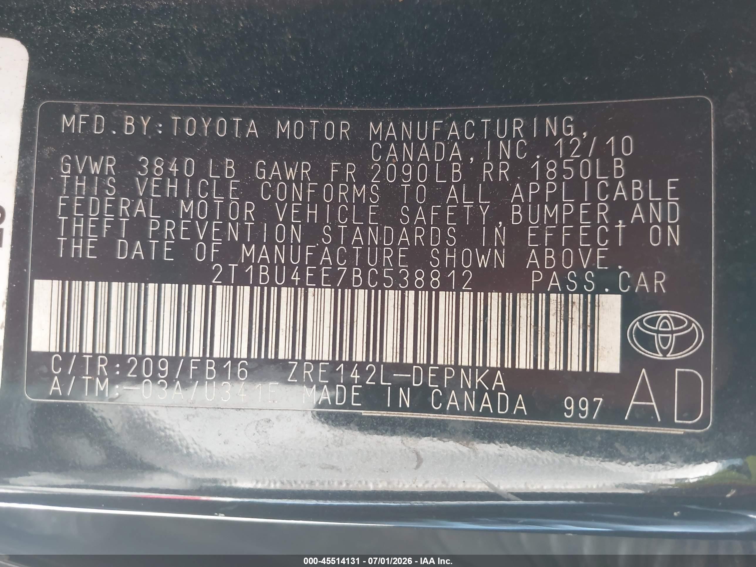 2011 Toyota Corolla Le Black vin: 2T1BU4EE7BC538812