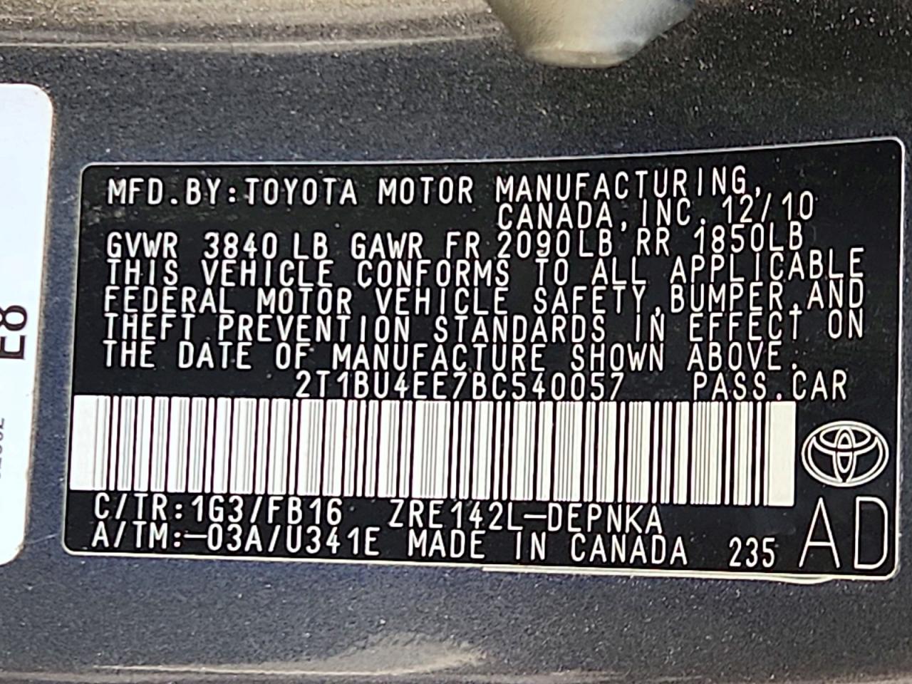 2011 Toyota Corolla Le Charcoal vin: 2T1BU4EE7BC540057