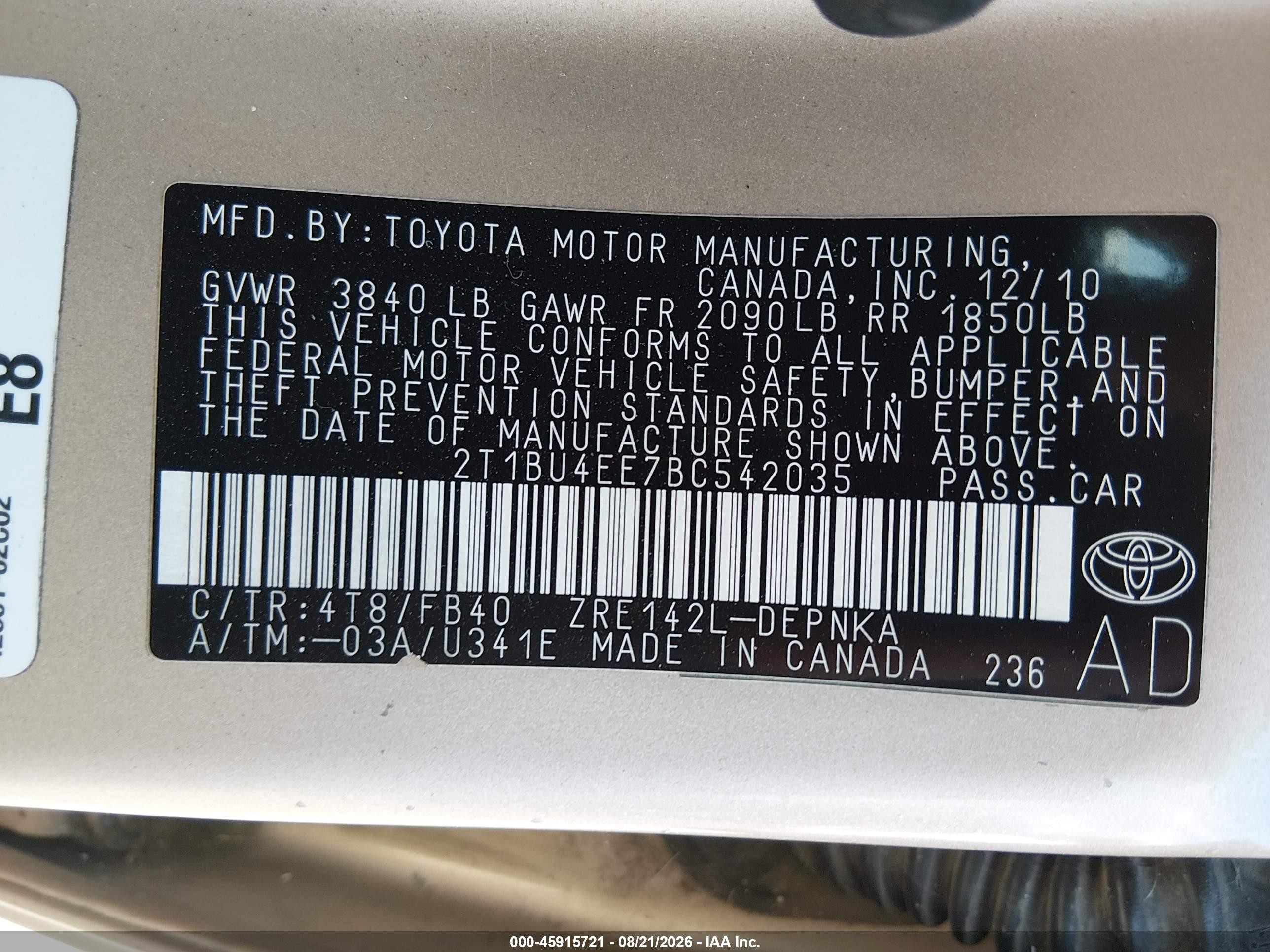 2011 Toyota Corolla Le Tan vin: 2T1BU4EE7BC542035