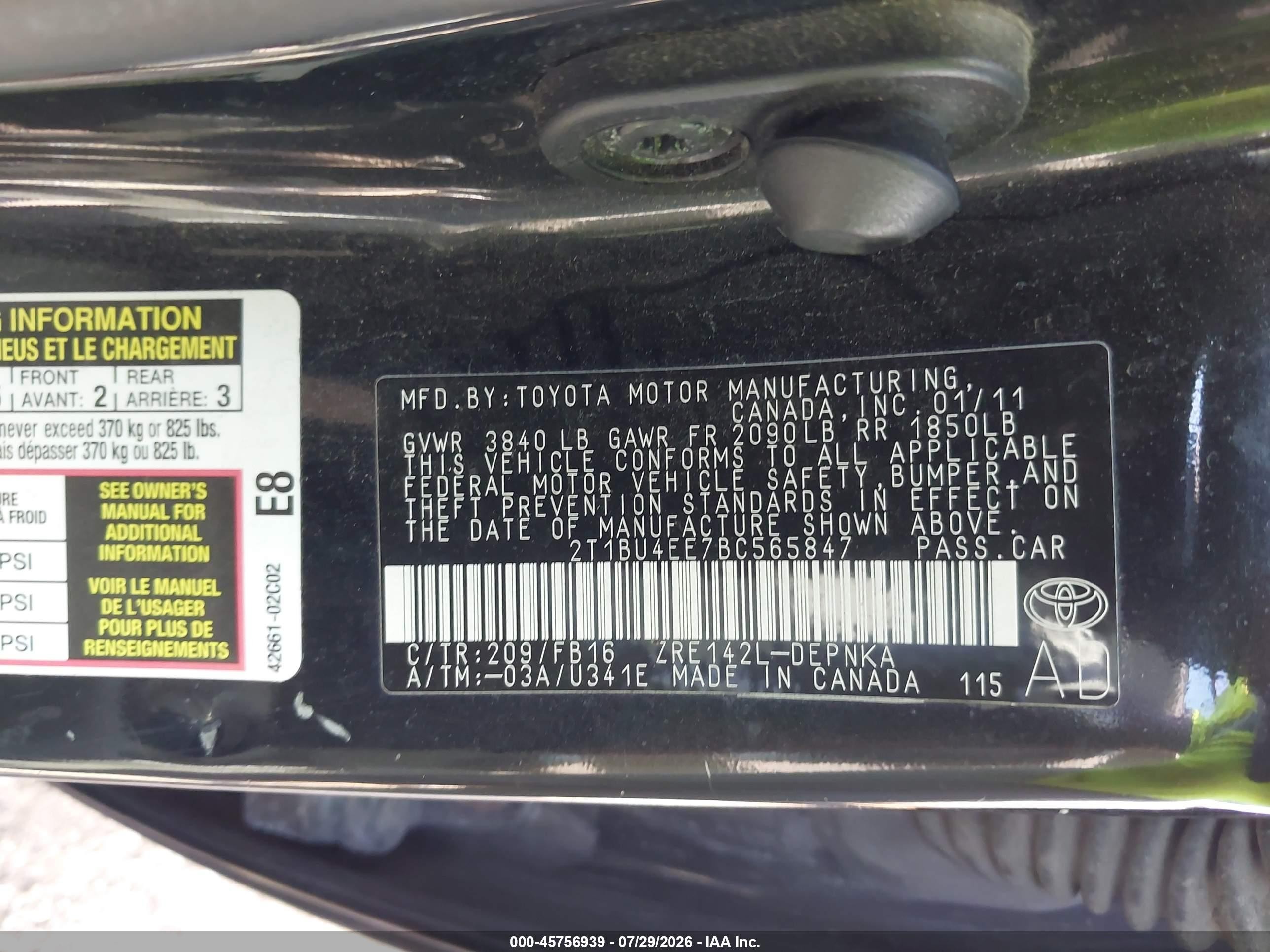 2011 Toyota Corolla Le Black vin: 2T1BU4EE7BC565847