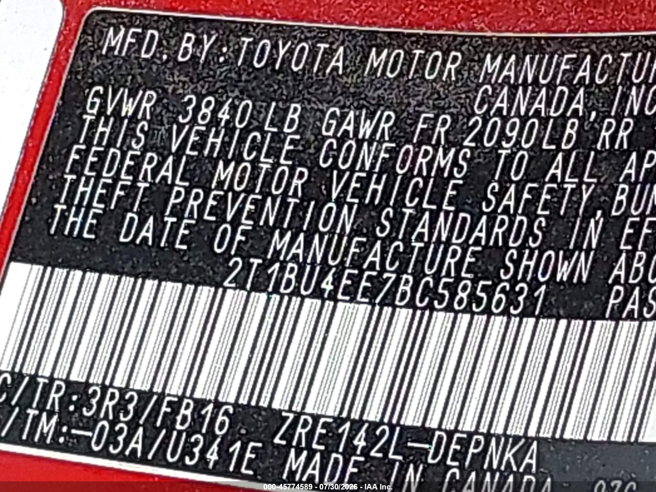 2011 Toyota Corolla Le Red vin: 2T1BU4EE7BC585631