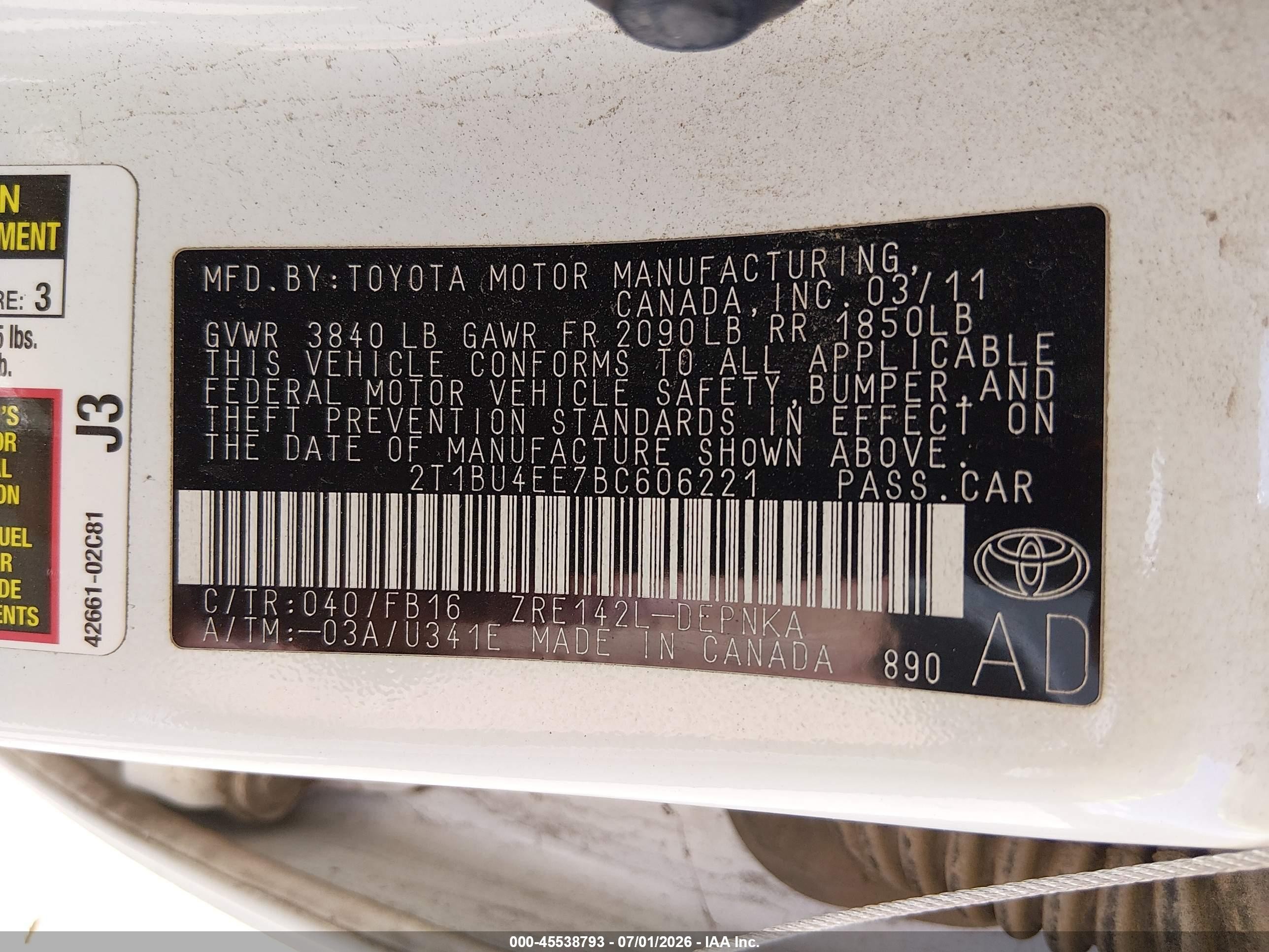 2011 Toyota Corolla Le White vin: 2T1BU4EE7BC606221