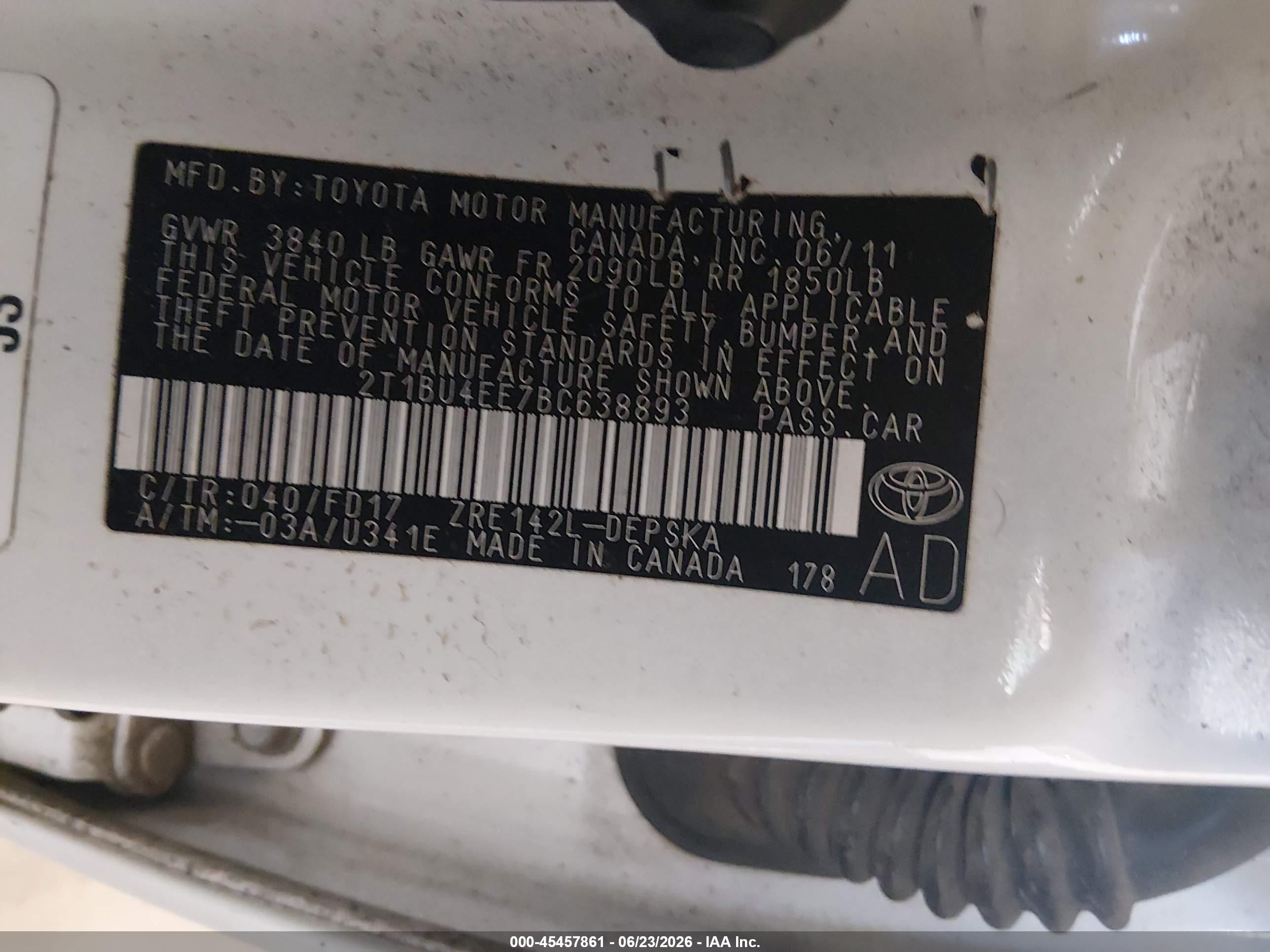 2011 Toyota Corolla S White vin: 2T1BU4EE7BC638893