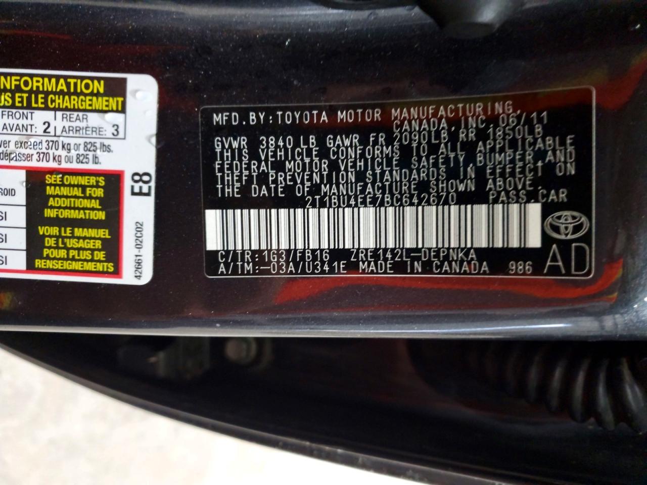 2011 Toyota Corolla Le Charcoal vin: 2T1BU4EE7BC642670