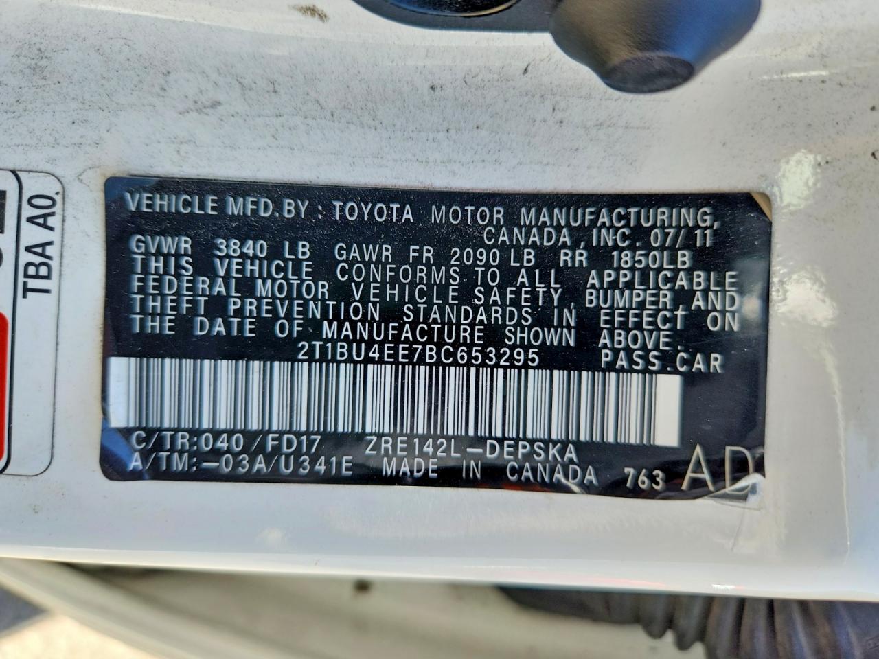 2011 Toyota Corolla S White vin: 2T1BU4EE7BC653295