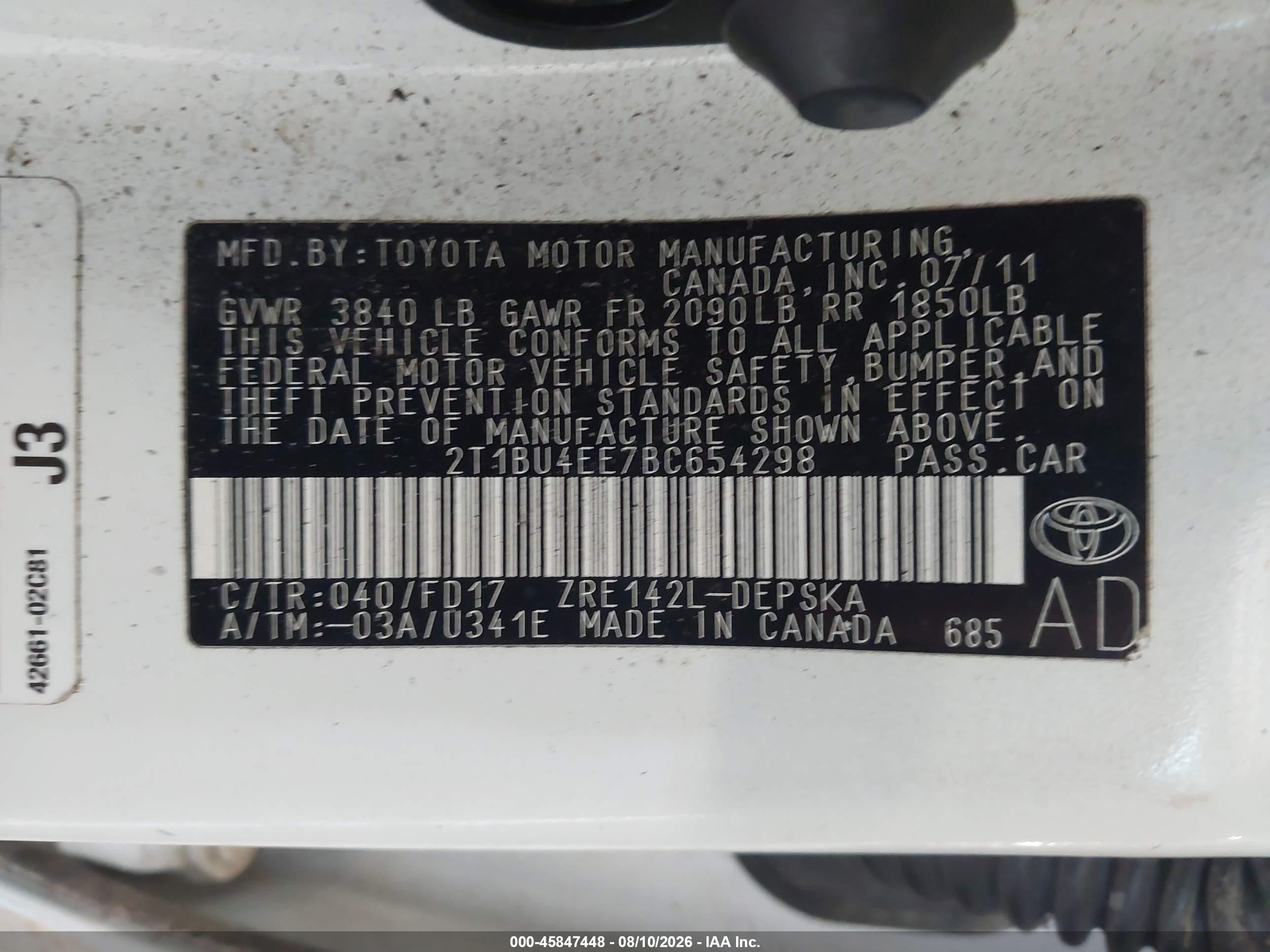 2011 Toyota Corolla S White vin: 2T1BU4EE7BC654298