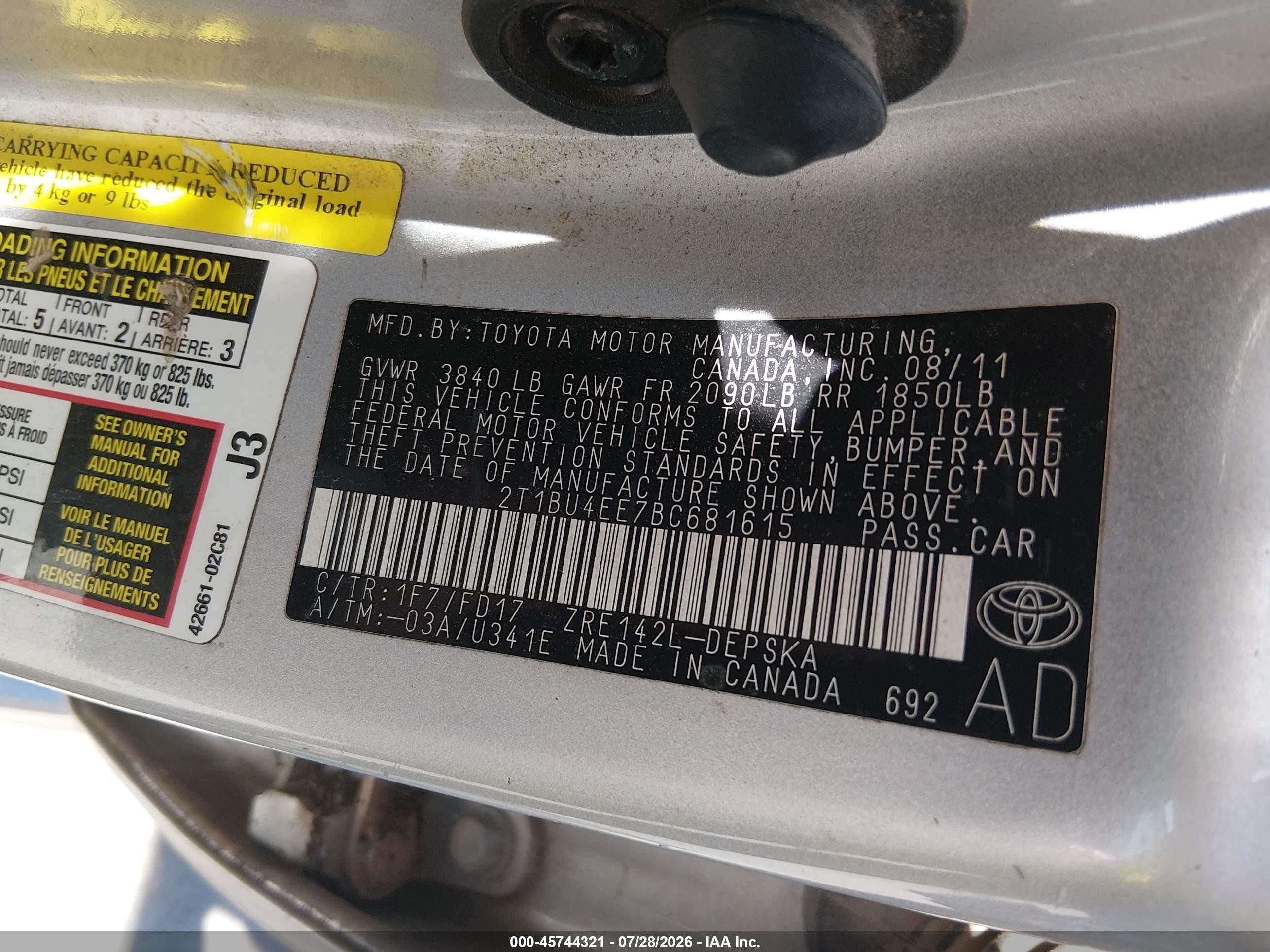 2011 Toyota Corolla S Silver vin: 2T1BU4EE7BC681615