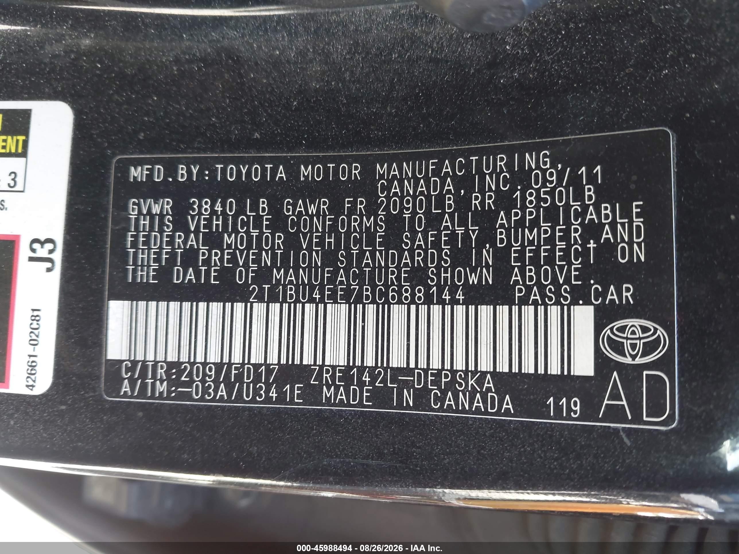 2011 Toyota Corolla S Black vin: 2T1BU4EE7BC688144