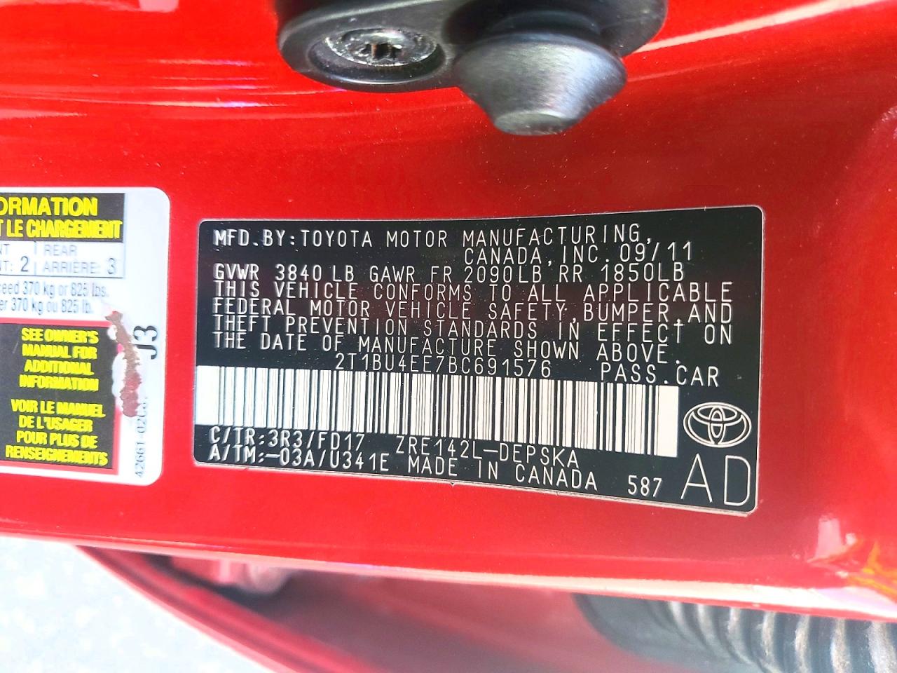2011 Toyota Corolla S Red vin: 2T1BU4EE7BC691576