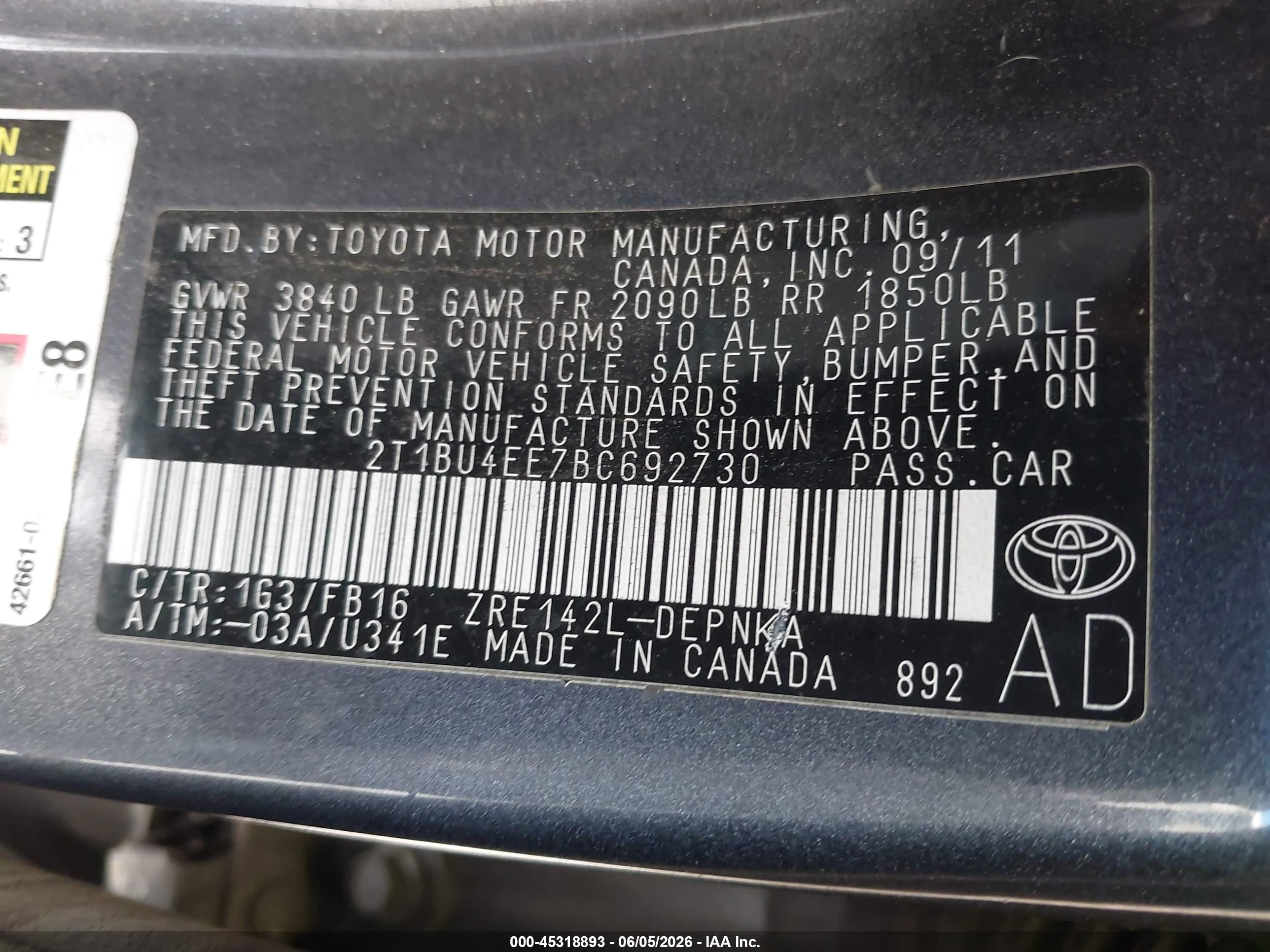 2011 Toyota Corolla Le Gray vin: 2T1BU4EE7BC692730