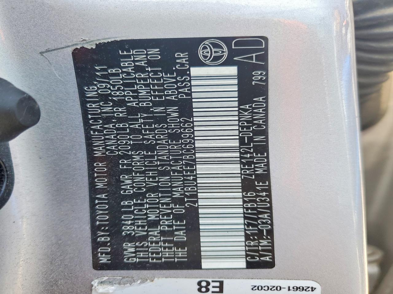 2011 Toyota Corolla Le Silver vin: 2T1BU4EE7BC699662