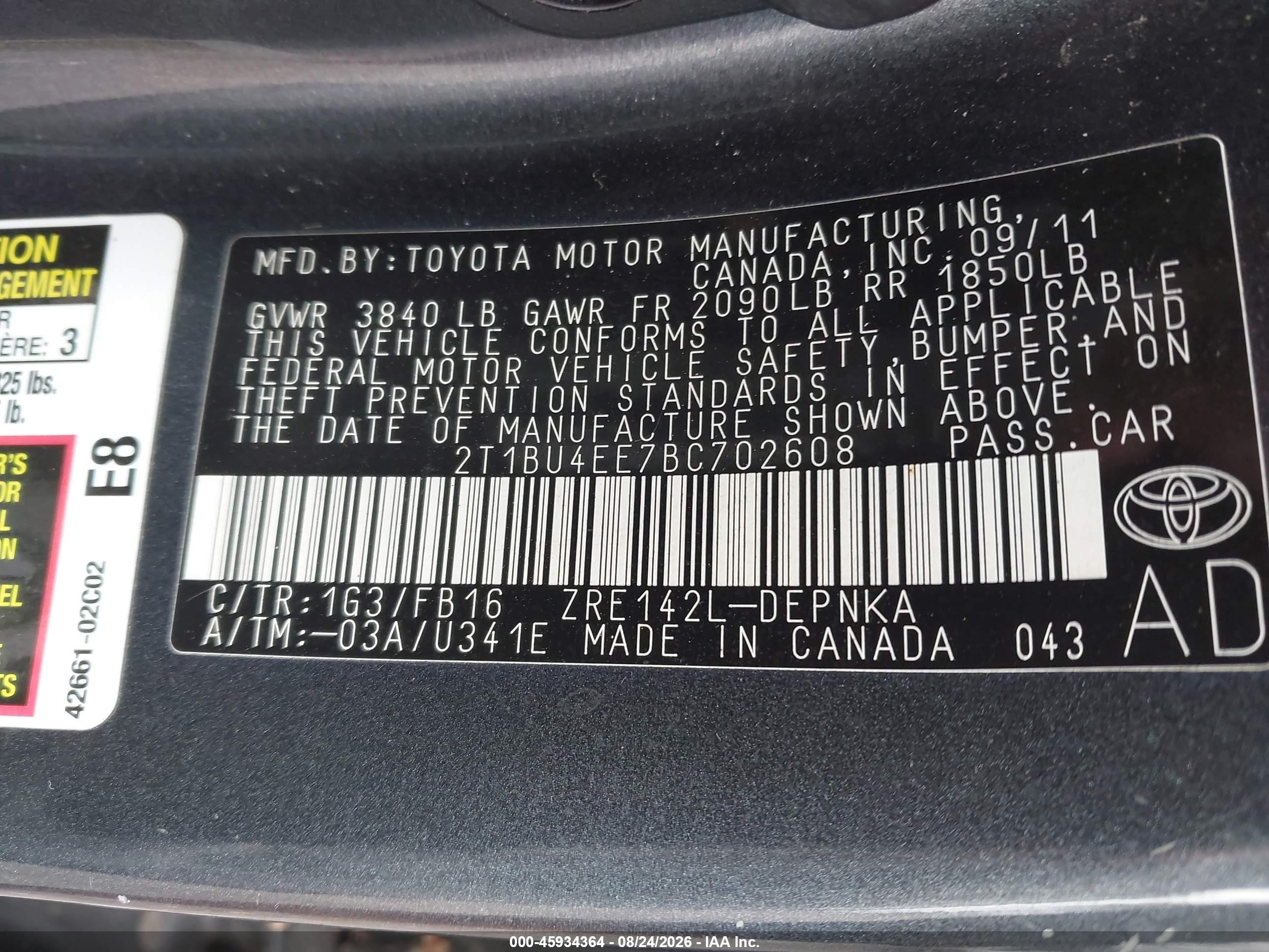 2011 Toyota Corolla Le Gray vin: 2T1BU4EE7BC702608