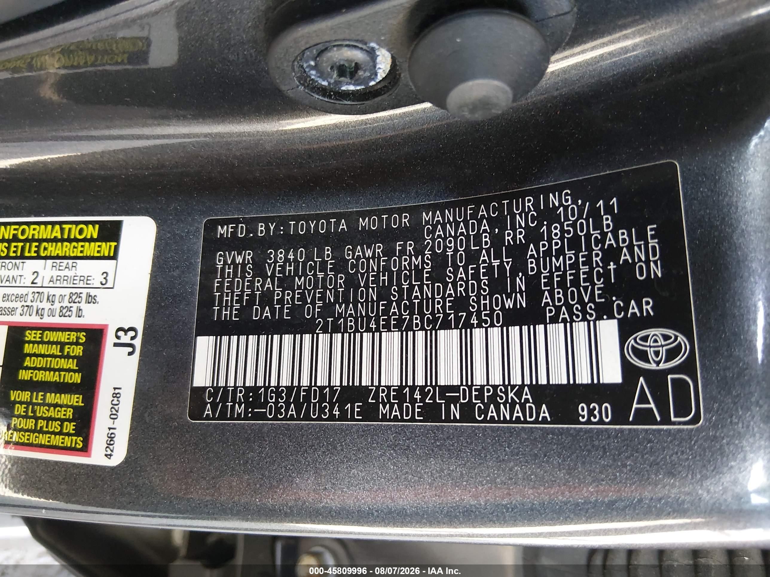 2011 Toyota Corolla S Gray vin: 2T1BU4EE7BC717450