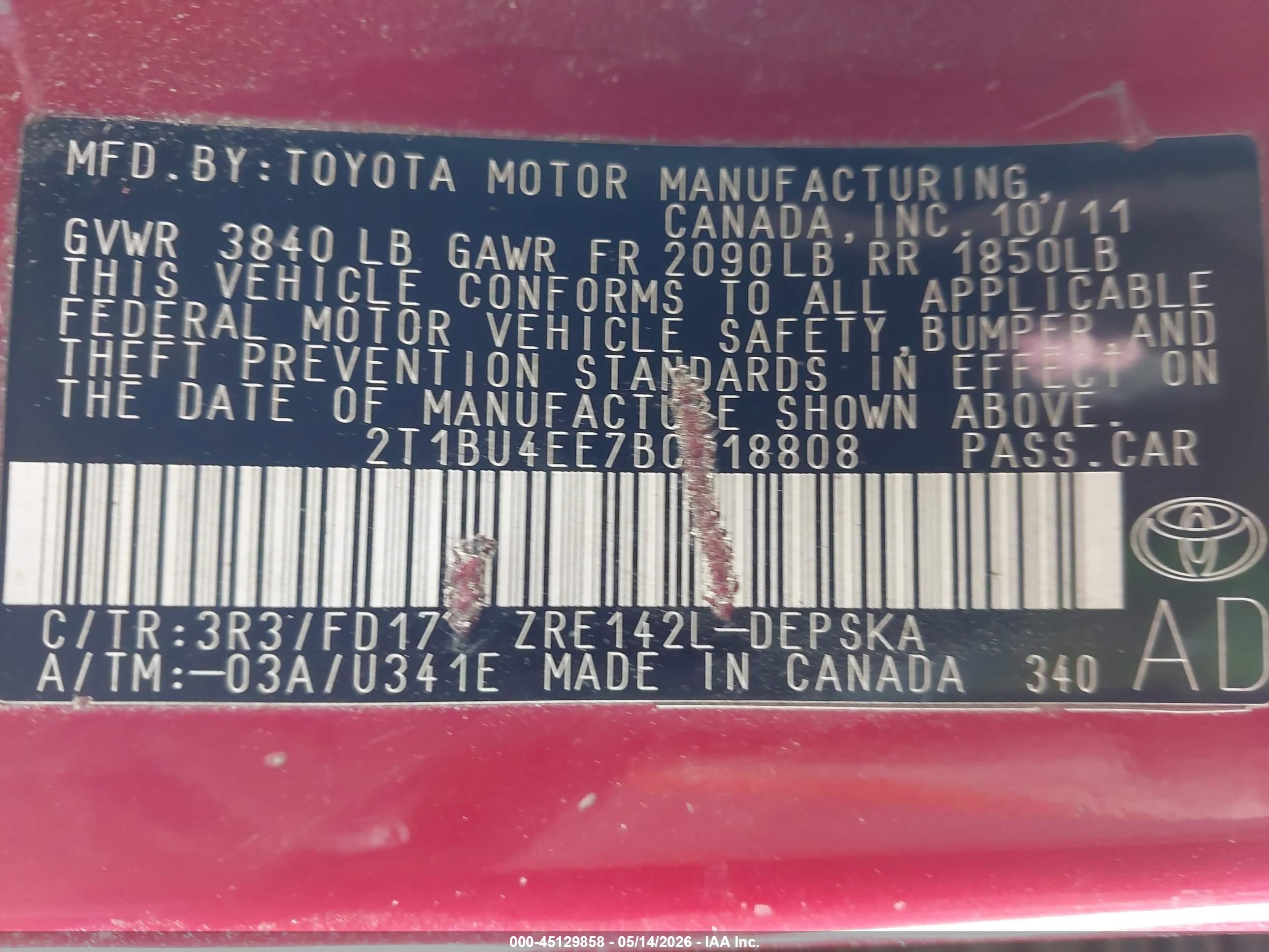 2011 Toyota Corolla S Red vin: 2T1BU4EE7BC718808
