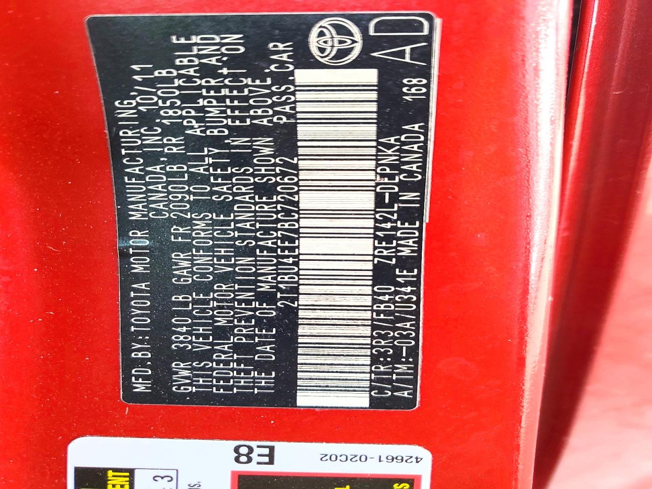 2011 Toyota Corolla Le Red vin: 2T1BU4EE7BC720672