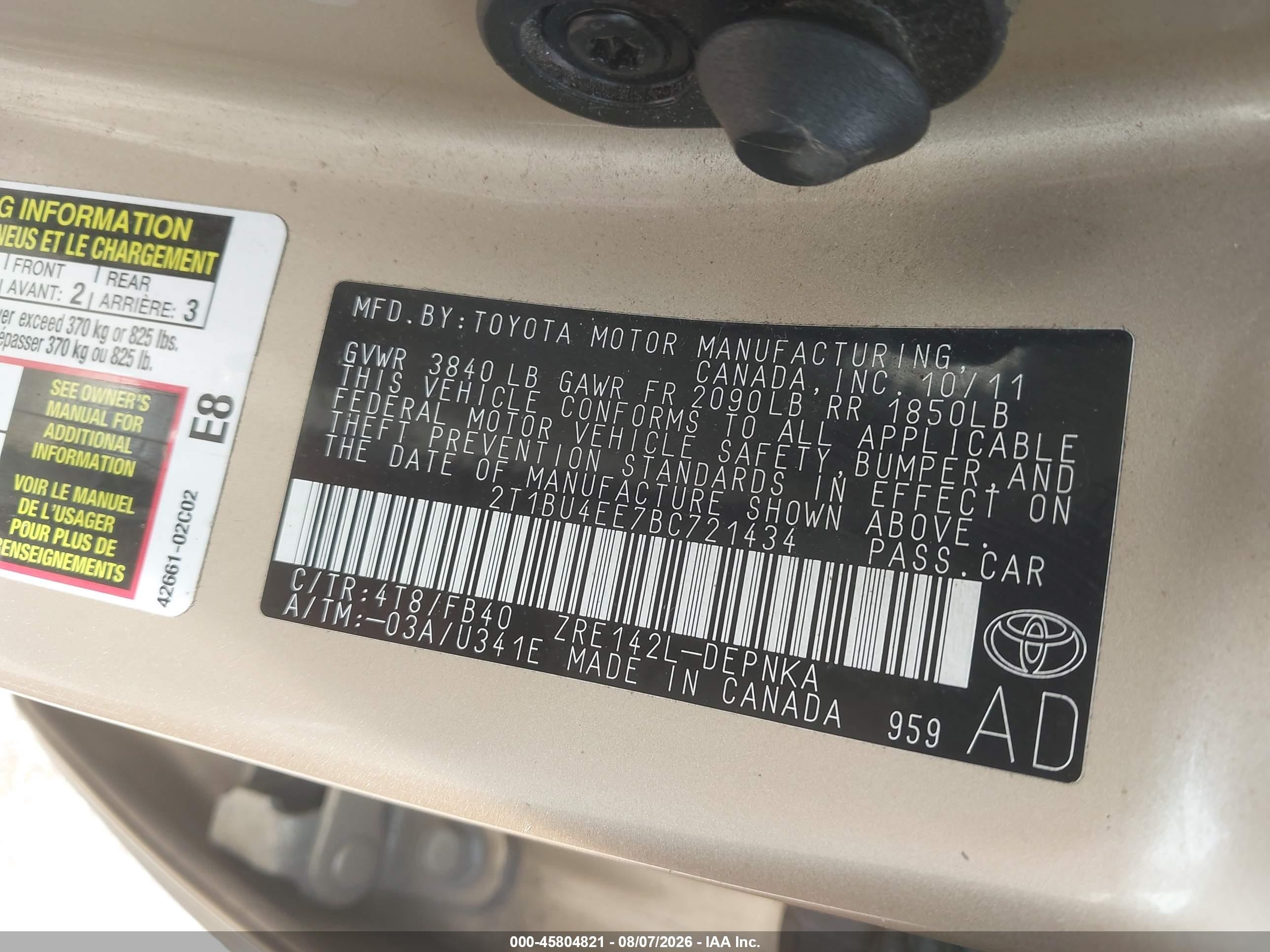 2011 Toyota Corolla Le Золотой vin: 2T1BU4EE7BC721434