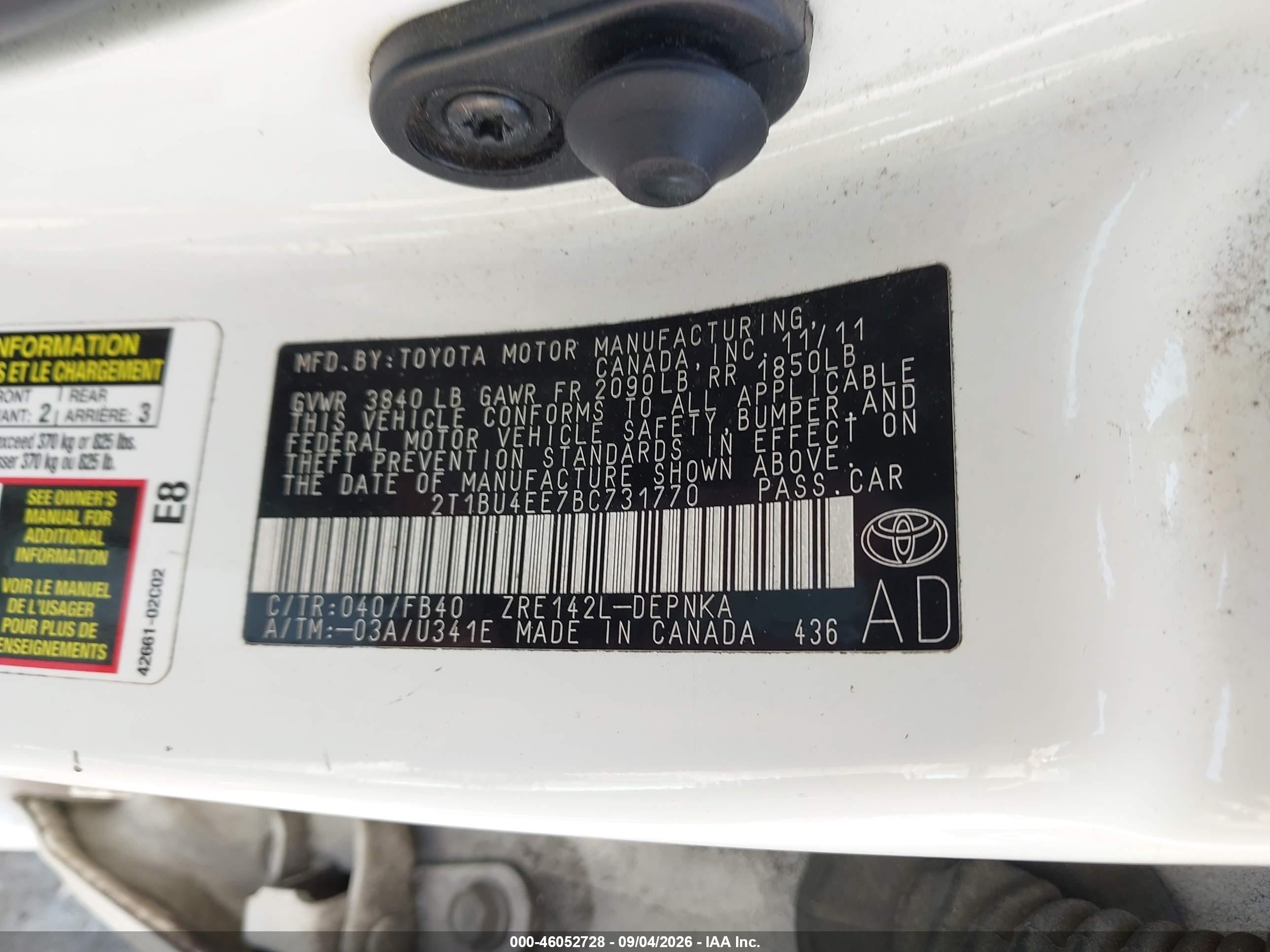 2011 Toyota Corolla Le White vin: 2T1BU4EE7BC731770