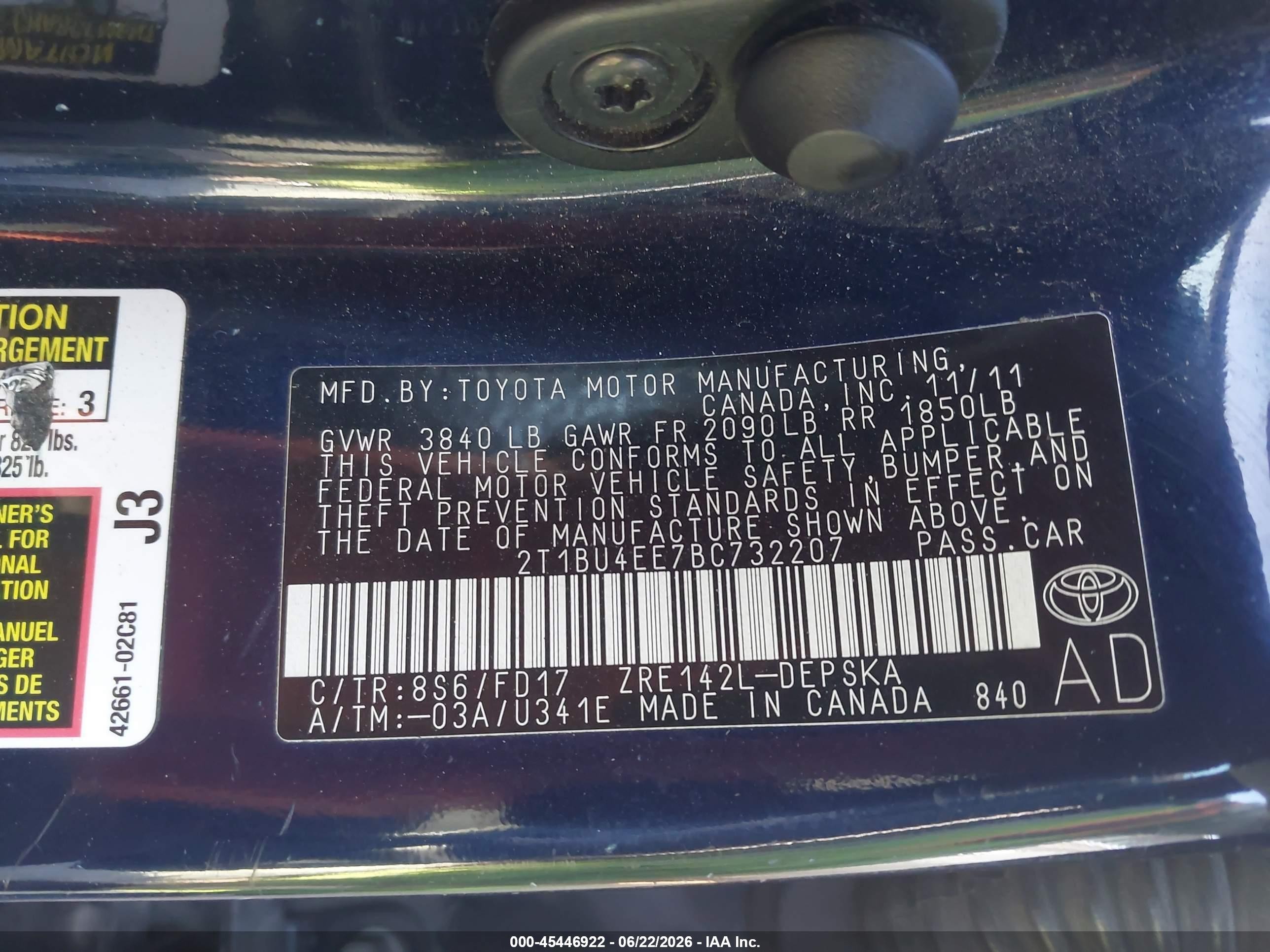 2011 Toyota Corolla S Dark Blue vin: 2T1BU4EE7BC732207