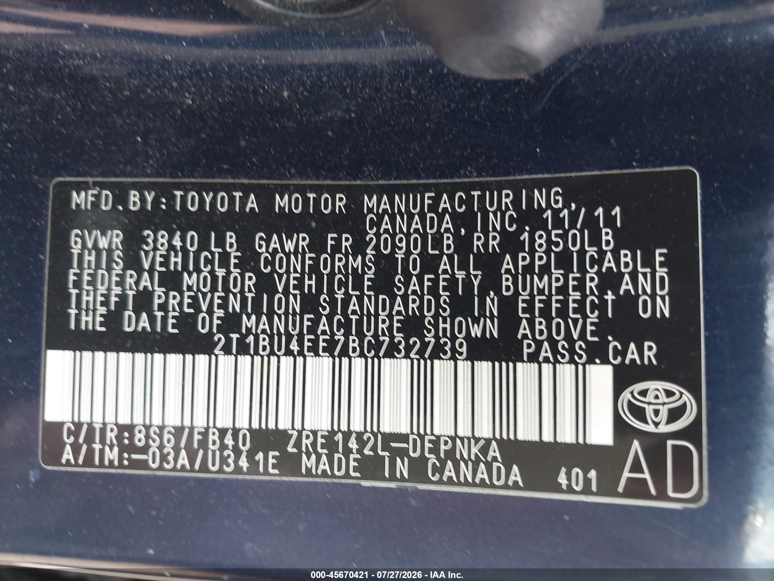 2011 Toyota Corolla Le Синий vin: 2T1BU4EE7BC732739