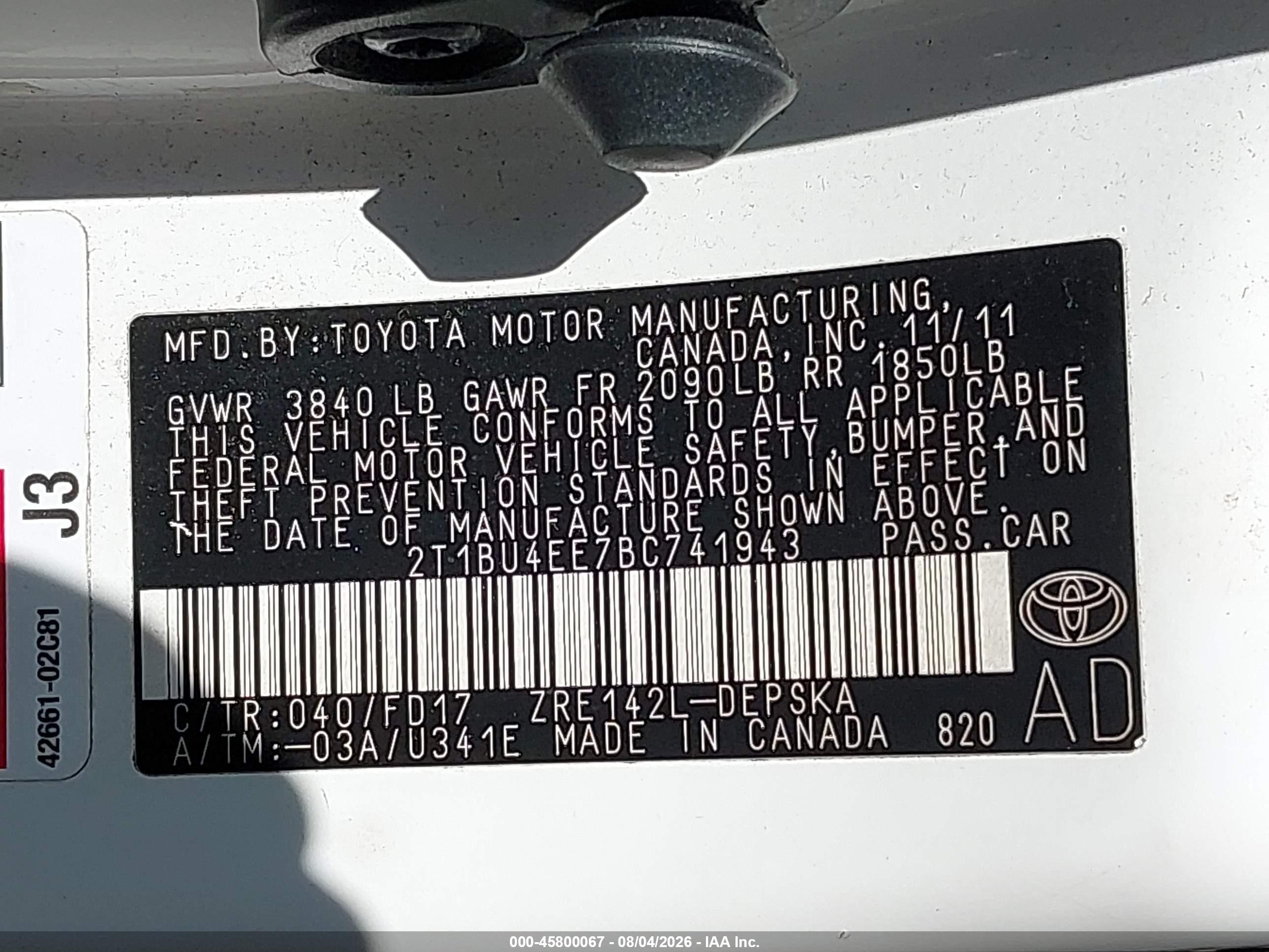 2011 Toyota Corolla S White vin: 2T1BU4EE7BC741943