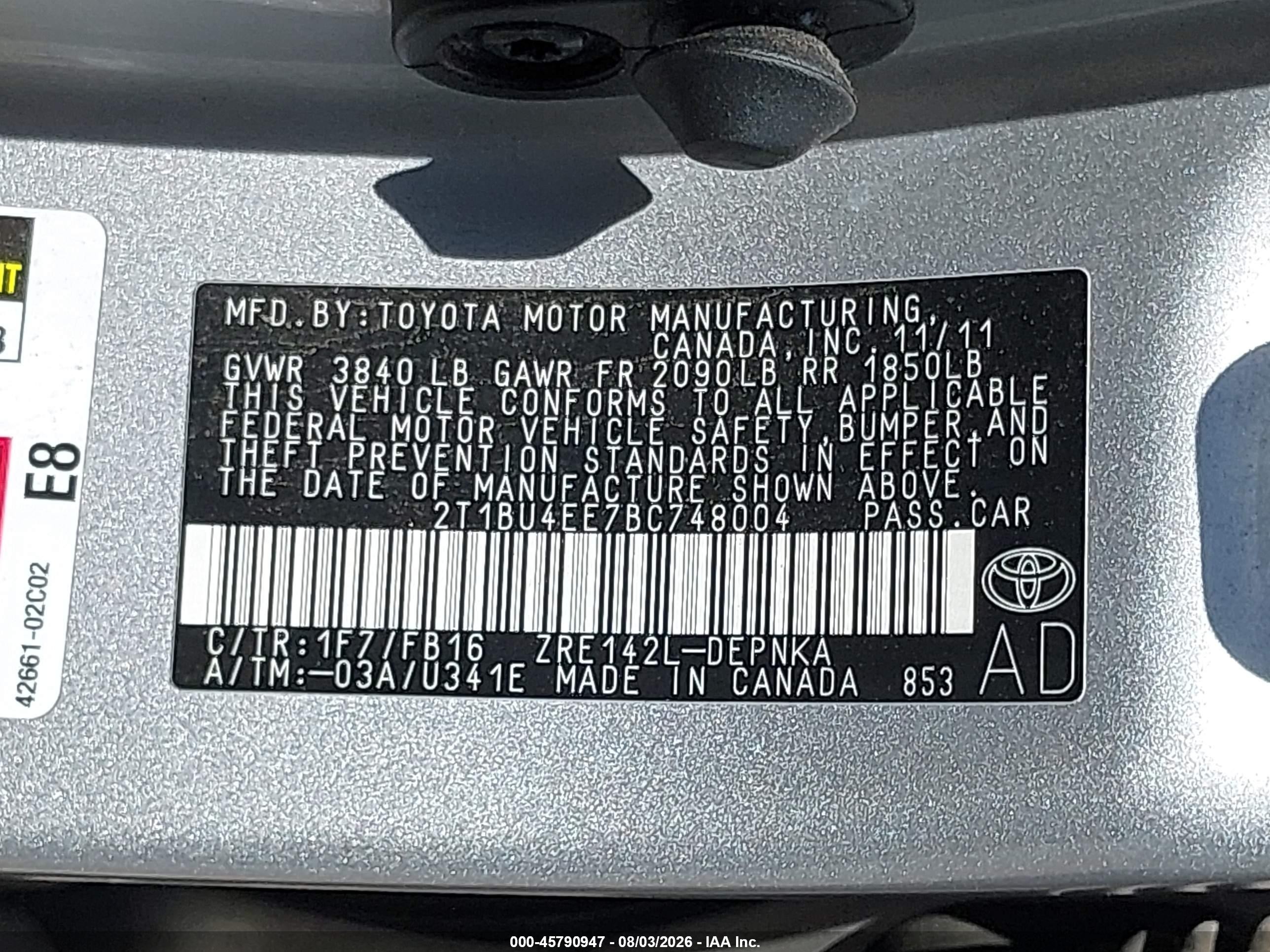 2011 Toyota Corolla Le Silver vin: 2T1BU4EE7BC748004
