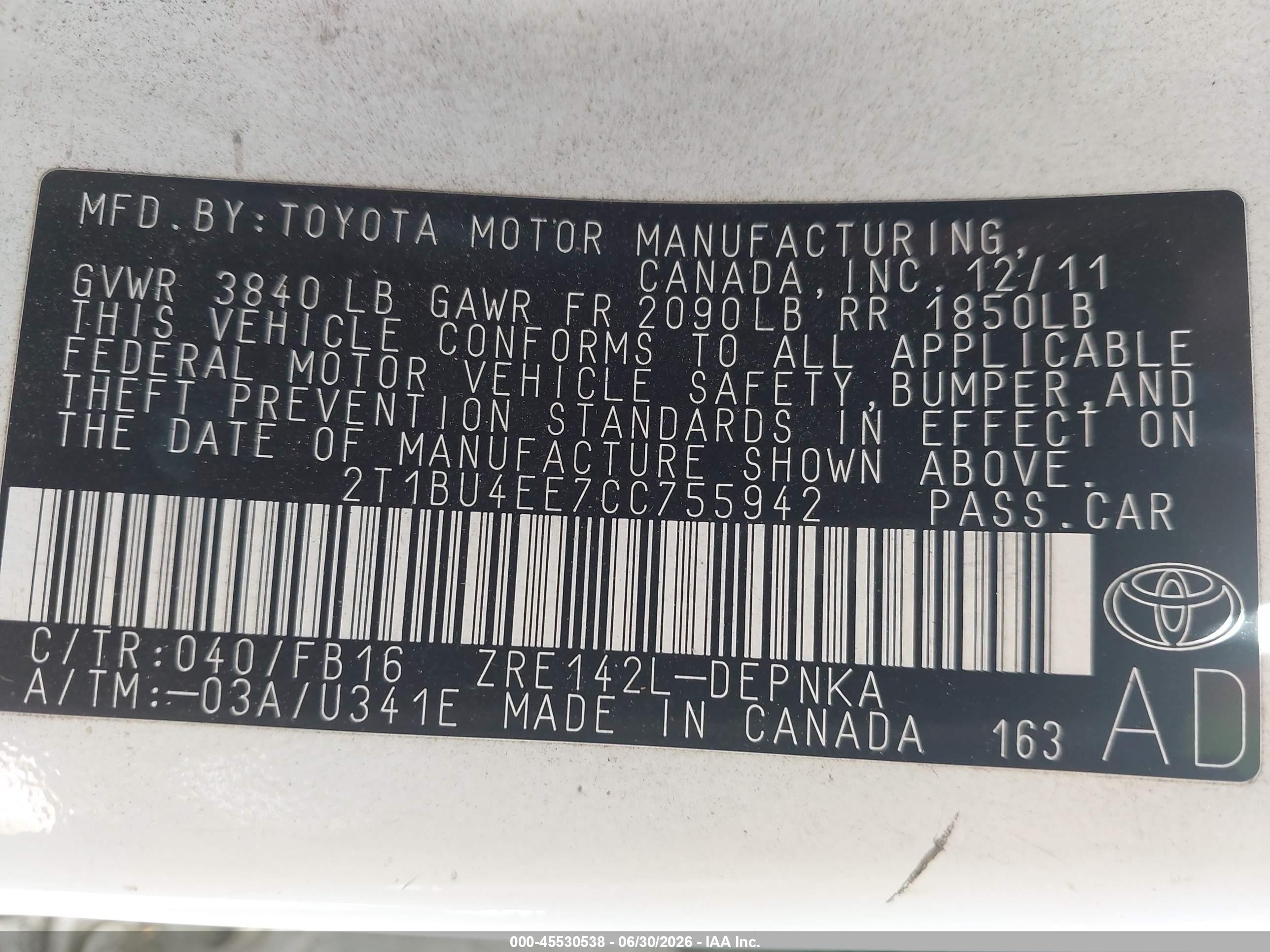 2012 Toyota Corolla Le White vin: 2T1BU4EE7CC755942