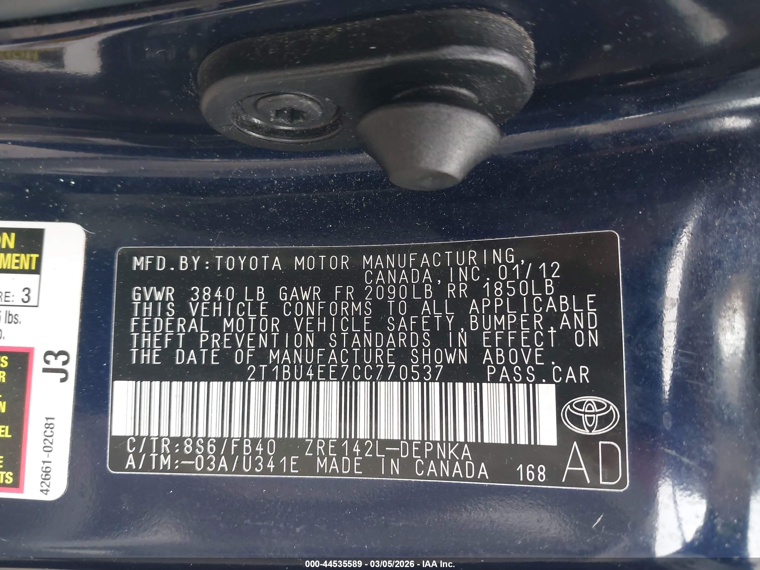 2012 Toyota Corolla Le Blue vin: 2T1BU4EE7CC770537
