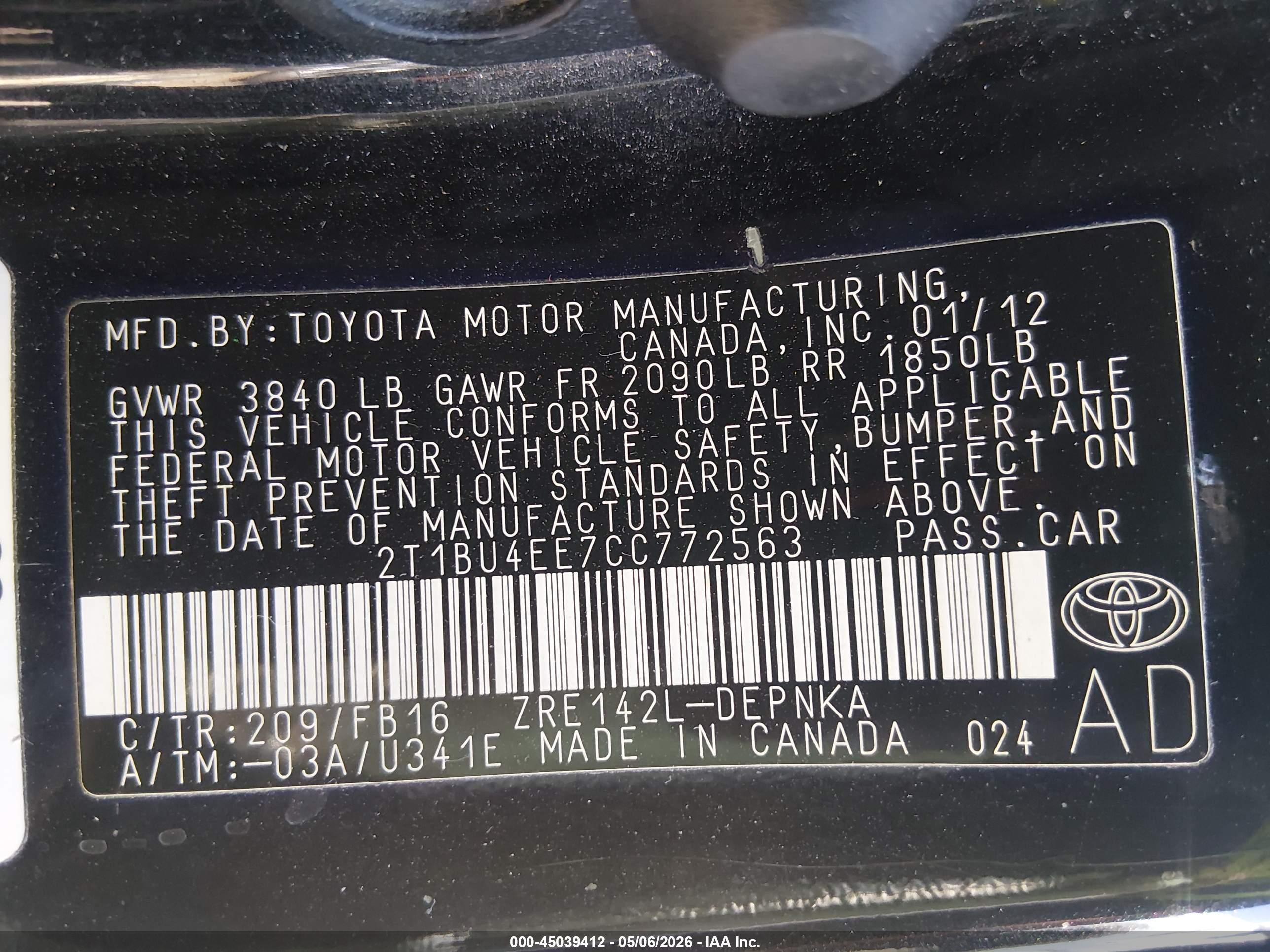 2012 Toyota Corolla Le Black vin: 2T1BU4EE7CC772563
