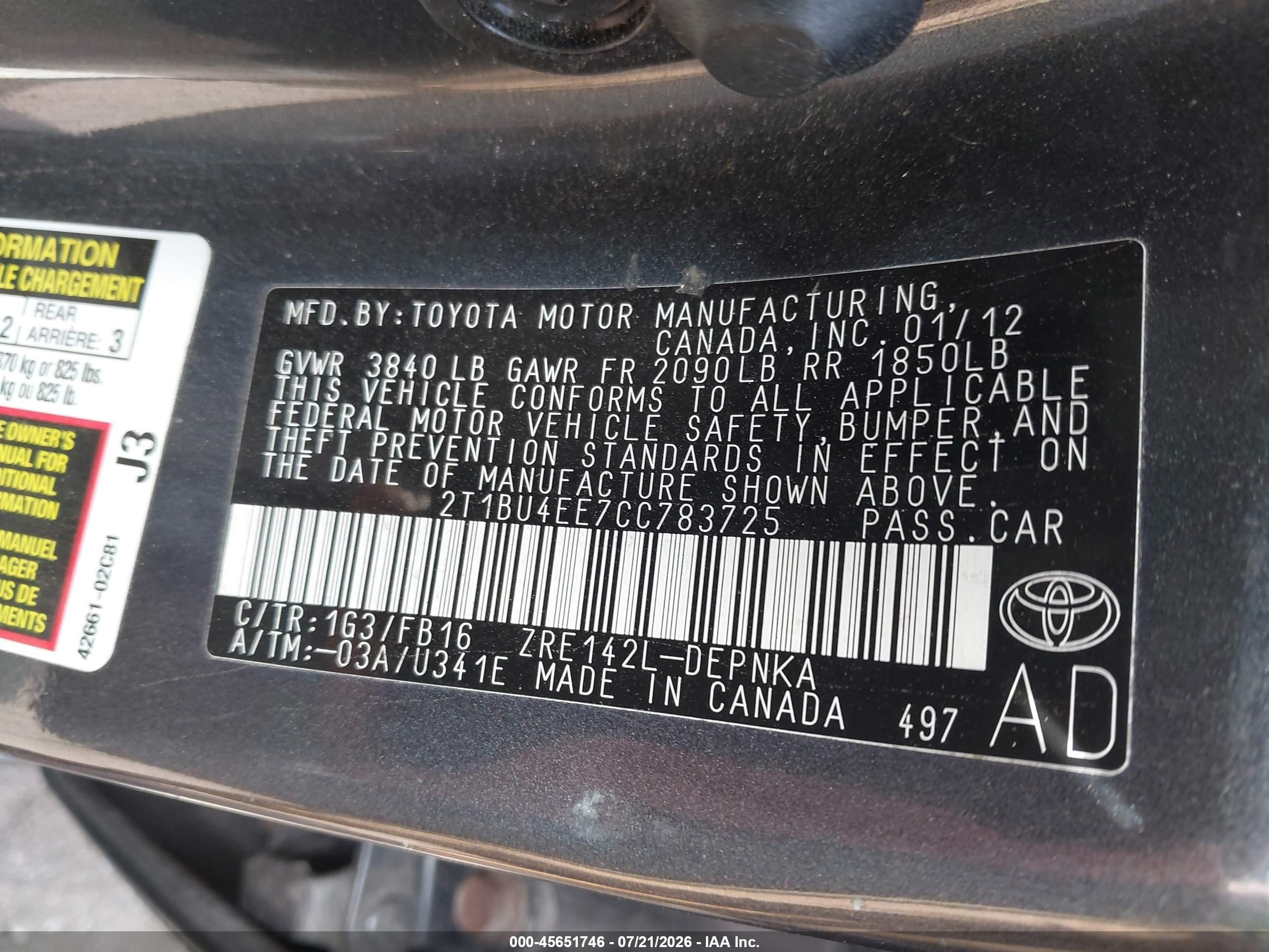 2012 Toyota Corolla Le Gray vin: 2T1BU4EE7CC783725