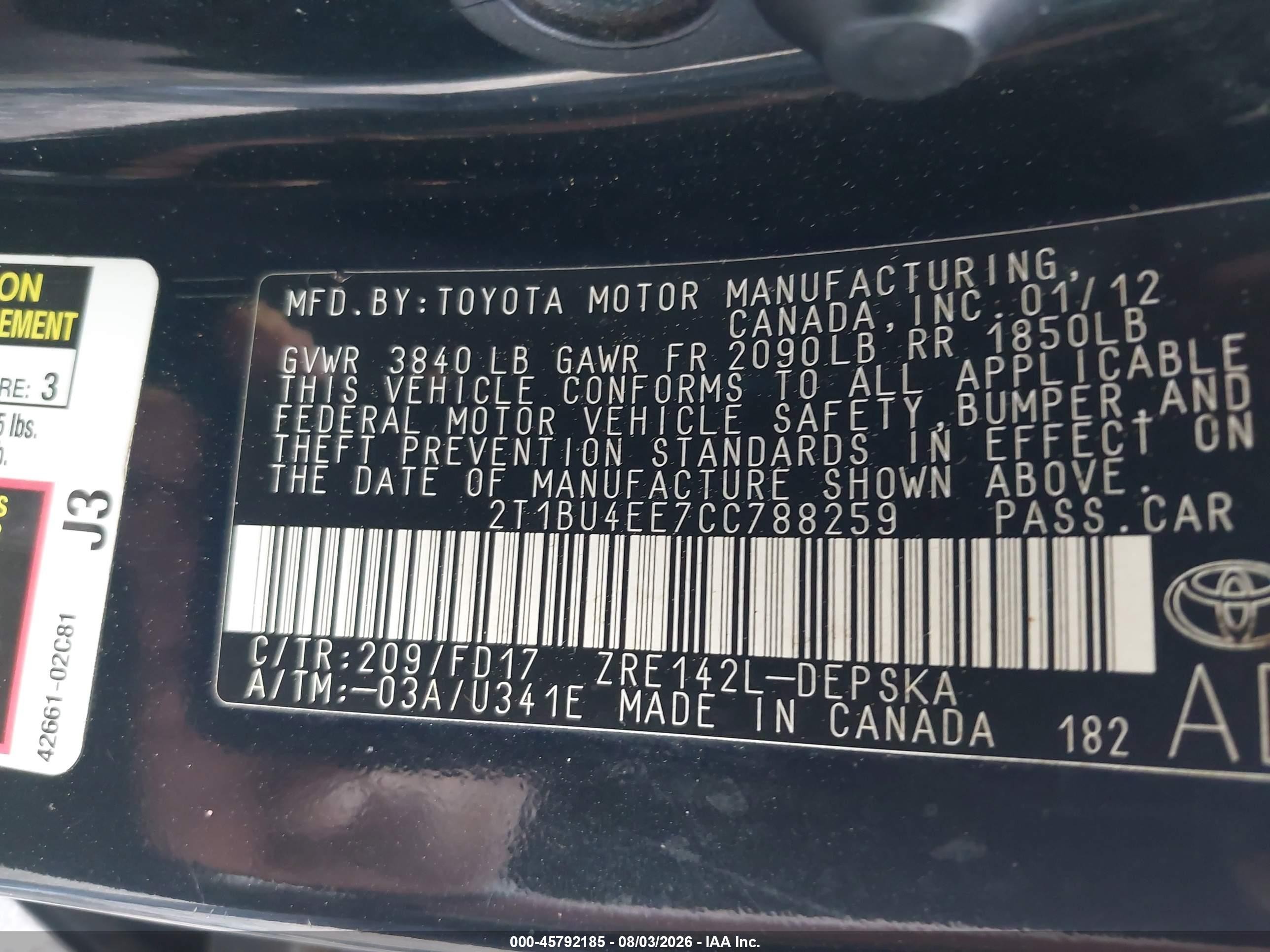 2012 Toyota Corolla S Black vin: 2T1BU4EE7CC788259