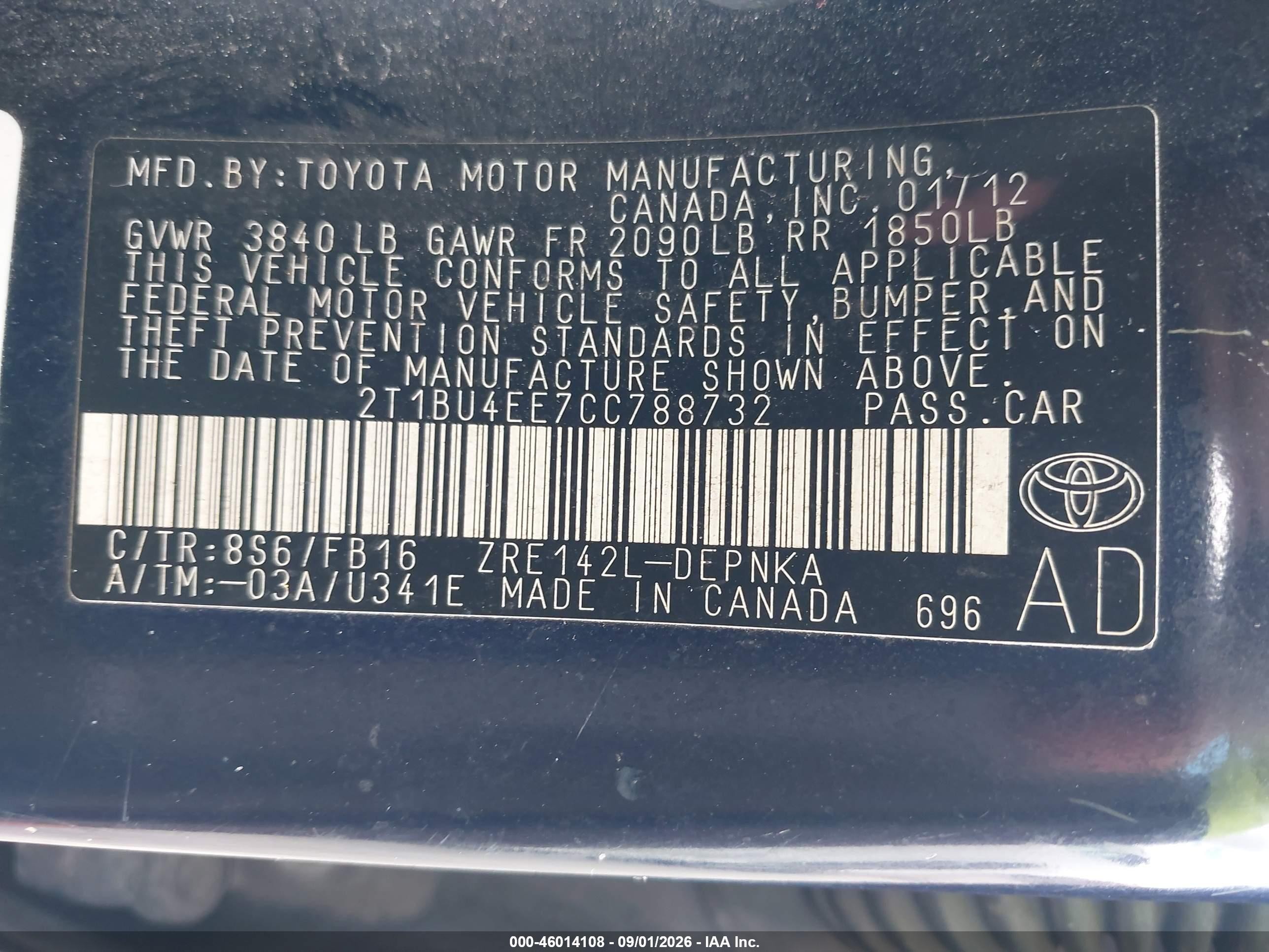 2012 Toyota Corolla Le Dark Blue vin: 2T1BU4EE7CC788732