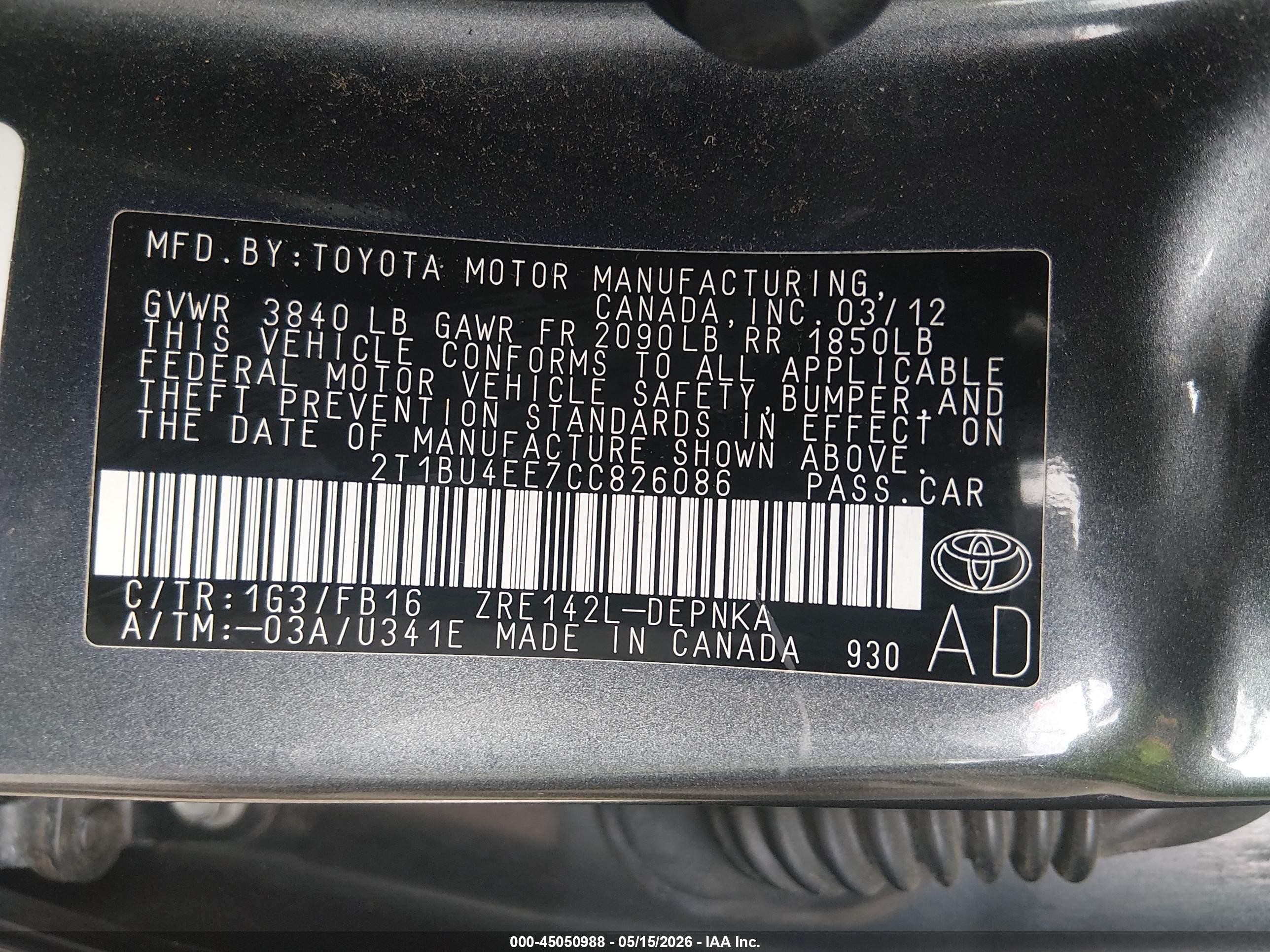 2012 Toyota Corolla Le Gray vin: 2T1BU4EE7CC826086