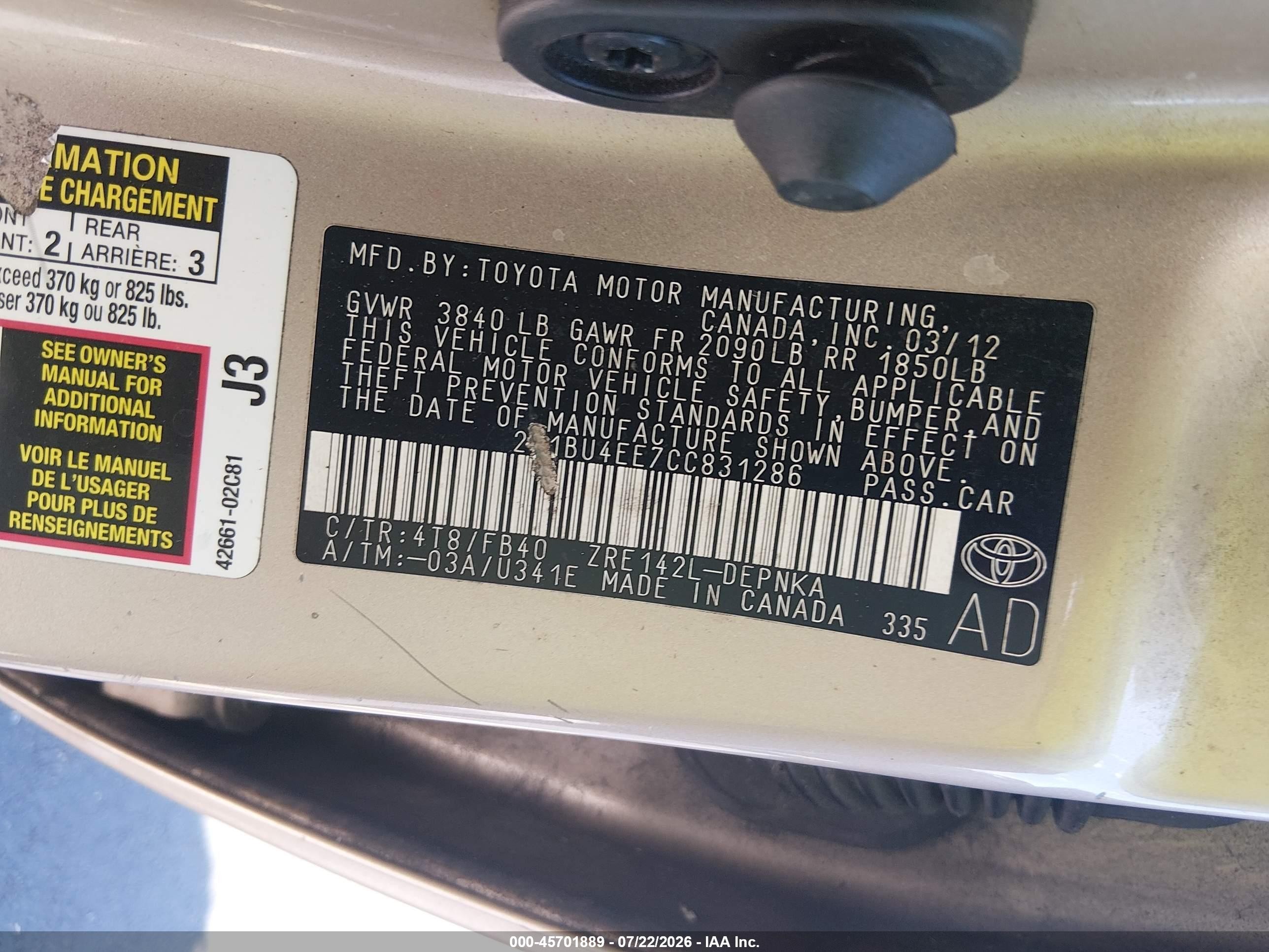 2012 Toyota Corolla Le Gold vin: 2T1BU4EE7CC831286