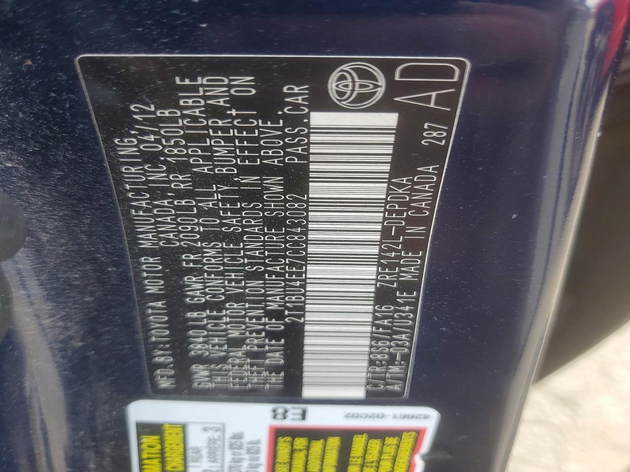 2012 Toyota Corolla L Blue vin: 2T1BU4EE7CC843082